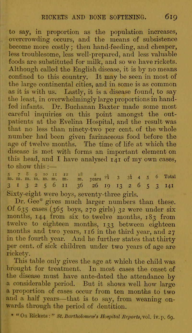 to say, in proportion as the population increases, overcrowding occurs, and the means of subsistence become more costly; then hand-feeding, and cheaper, less troublesome, less well-prepared, and less valuable foods are substituted for milk, and so we have rickets. Although called the English disease, it is by no means confined to this country. It may be seen in most of the large continental cities, and in some is as common as it is mth us. Lastly, it is a disease found, to say the least, in overwhelmingly large proportions in hand- fed infants. Dr. Buchanan Baxter made some most careful inquiries on this point amongst the out- patients at the Evelina Hospital, and the result was that no less than ninety-two per cent, of the whole number had been given farinaceous food before the age of twelve months. The time of life at which the disease is met with forms an important element on this head, and I have analysed 141 of my own cases, to show this :— 5 7 8 9 10 11 m. m. m. m. m. m. 5 6 18 2 1 m. years II 36 26 19 13 2 12 3a 4 5 6 Total 6 5 3 141 Sixty-eight were boys, seventy-three girls. Dr. Gee^ gives much larger numbers than these. Of 635 cases (365 boys, 270 girls) 32 were under six months, 144 from six to twelve months, 183 from twelve to eighteen months, 133 between eighteen months and two years, t 16 in the third year, and 2 7 in the fourth year. And he further states that thirty per cent, of sick children under two years of age are rickety. This table only gives the age at which the child was brought for treatment. In most cases the onset of the disease must have ante-dated the attendance by a considerable period. But it shows well how large a proportion of cases occur from ten months to two and a half years—that is to say, from weaning on- wards through the period of dentition. * “On Rickets: ” St, Jiartholomeio's Hospital J{eports,\'o\. iv. p. 69,