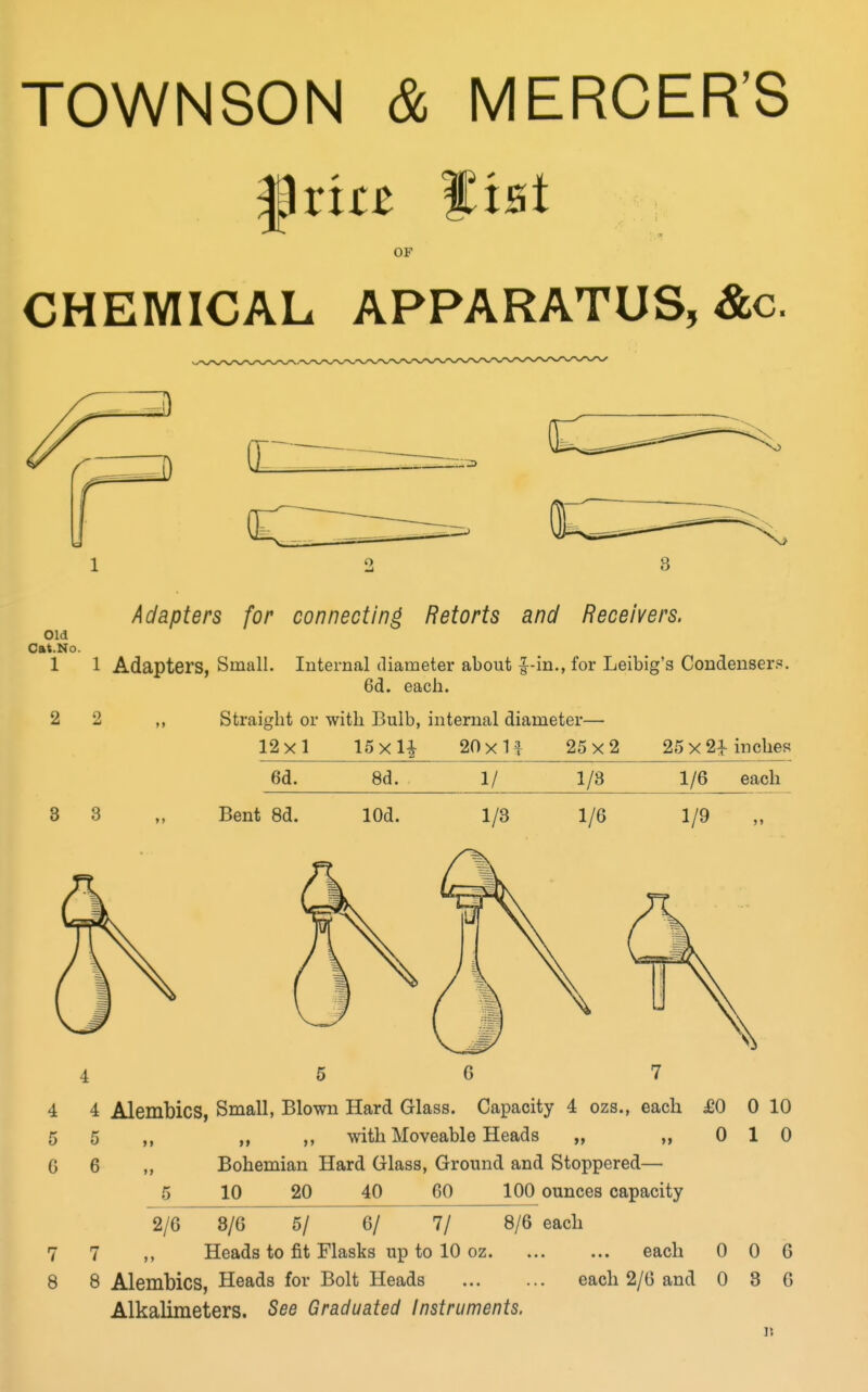 OF CHEMICAL APPARATUS, &c. 12 8 Adapters for connecting Retorts and Receivers. Old Cat.No. 1 1 Adapters, Small. Internal diameter about f-in., for Leibig's Condenserj*. 6d. each. 2 2 Straight or with Bulb, internal diameter— 12x1 ISxlj 20 xH 25x2 25x21 inches 6d. 8d. 1/ 1/3 1/6 each 8 3 „ Bent 8d. lOd. 1/3 1/6 1/9 4 5 6 7 4 4 Alembics, Small, Blown Hard Glass. Capacity 4 ozs., each £0 0 10 5 5,, ,, with Moveable Heads „ ,,010 6 6 ,, Bohemian Hard Glass, Ground and Stoppered— 5 10 20 40 60 100 ounces capacity 2/6 8/6 5/ 6/ 7/ 8/6 each 7 7 Heads to fit Flasks up to 10 oz each 0 0 6 8 8 Alembics, Heads for Bolt Heads each 2/0 and 0 3 0 Alkalimeters. See Graduated Instruments. n