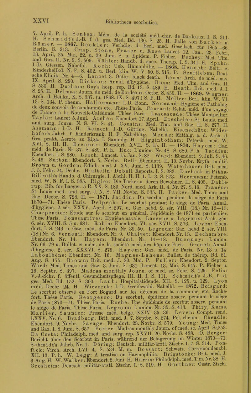 7. Apnl P. h Sentex: Mem. de la soci^te ined.-chir. de Bordeaux I S 311 H Schmidts J.-B. f d ges. Med. Bd. 130. S. 25. H. Fälle von Barker u 2 i^ <5^ii^**n ^''•'J'= Verhdlg. d. Berl. med. GeaellBch. für 1865-66 ?f f- f-ol^^i. ^öo'P' ^^'^«^ Rose Lancet 12. Jan, 23 Febr 13. Apnl 25 Mai 22. u. 29. Juni. S. u. Epidem. P. Fieber. Pechey Med Tim' and Gaz. II. Nr 9 S 509. Köhler: Handb. d. spec. Therap. I. S. 341 H Spahns V^. Ä'^^^- ^°^^= Hämophilie. - 1868. Henoch: Beitr z Kinderheilkd^N F. S. 402. u. Berl. klin. W. V. 50. S. 517. P. Senftieben: Deut l^lV9j~^^-^r''' d^-th. Leon: Arch. de med. naJ. cTkqn^ u \ u ^\°kson: Annal. d'hygiene. Buss: Med. Tim. and Gaz. II. Q o? u T^?,'■^^'?• ^°'P- ''^P- ^-489. H. Heath: Brit. med. J I ö. ^5. H. Delmas: Journ. de med. de Bordeaux. Octbr. S. 455. H. —1869. Waener- ^Q^'o .'^ö.^^iH 497.) S. P. H. Möller: Berl. klin. W Vi' Id. b. 134. P. rheum. Hallermann: I.-D. Bonn. Normand: Hygiene et Patholoe de deux convois de condamnes etc. These Paris. Caurant: Relat. med. d'un voyage de France a la Nouvelle-Caledonie. These Paris. Lascascade: These Montpellier layler: Lancet 5.Jum. Archer: Ebendort 17.April. Drechsler: St. Louis med and surg. Journ. N. S. VI. S. 41. Cousins: Med. Tim. and Gaz. H S 277 H Assmann: I.-D. H. Reinert: I.-D. Götting. NabelbL Eisenschütz: Wider- hofer's Jahrb. f. Kinderkrank. II. F. Nabelbltg. Mende: Mitthlg. a. d. Arch. d. Ges. prakt. Aerzte zu Riga. I. Sammlg. H. Higginbotham: Petersb. med W XVL S. IIL H. Brenner: Ebendort. XVIL S. 15. H. — 1870. Hayem: Gaz med. de Paris. Nr. 37. S. 489. P. h. Ruc: L'union. Nr. 48. S. 680. P. h. Tardieu- Ebendort. I. S. 680. Leach: Lancet. 15. Jan. S. 82. Ward: Ebendort. 9. JuH. S. 46. 5. 46. Sutton: Ebendort. 5. Novbr. Bell: Ebendort. IL 19. Novbr. Eryth. multif. Brown u. Gordon: Edinb. med. J. XV. Juni. S. 1139. Waterhouse: Brit. med. J. 5. Febr. 24. Decbr. Hjaltelin: Dobell Reports. L S. 283. Ducheck inPitha- Billroth's Handb. d. Chirurgie. I. Abthl. IL H. 1. L. 3. S. 273. Herrmann: Petersb med. W. N. F. I. S. 385. Rigler: Die Türkei u. deren Bewohner. IL S. 405. Dahle- rup: Bib. for Laeger. 5 R. XX. S. 183. Nord. med. Ark. II. 4. Nr. 27. S. 19. Traneus: St. Louis med. and surg. J. N. S. VII. Novbr. S. 535. H. Parker: Med. Times and Gaz. Decbr. S. 728. H. — 1871. Jardin: Du scorbut pendant le siege de Paris 1870—71. These Paris. Delpech: Le scorbut pendant le siege de Paris. Annal. d'hygiene. 2. ser. XXXV. April. S. 297. u. Gaz. hebd. 2. ser. VHI. (18.) Nr. 12—15. Charpentier: Etüde sur le scorbut en general, l'epidemie de 1871 en particulier. These Paris. Fonssagrives: Hygienenavale. Lasegue u. Legroux: Arch. gen. 6. ser. XVIII. S. 5 u. 681. Robin: Ebendort. VI. ser. XVIL S. 576. Leven: Eben- dort. I. S. 246. u. Gaz. med. de Paris. Nr. 39. 50. Legroux: Gaz. hebd. 2. ser. VIII. (18.)Nr. 6. Verneuil: Ebendort. Nr. 9. Chalvet: Ebendort. Nr. 13. Dechaiübre: Ebendort. Nr. 14. Hayem: Ebendort. Nr. 14—18. Bucquoy: L'union. Nr. 66. 79 u. Bullet, et mem. de la societe med. des hop. de Pai-is. Grenet: Annal. d'hygiene. 2. ser. XXXVL S. 279. Hayem: Gaz. med. de Paris. Nr. 13 u. 14. Laboulbene: Ebendort. Nr. 16. Magnes-Lahens: Bullet, de therap. Bd. 81. Aug. S. 175. Brown: Brit. med. J. 20. Mai. P. Füller: Ebendort. 2. Septbr. Ward: Med. Times and Gaz. 3. Juni. S. 631. Lancet. 13. Mai. S. 647. P. Fieber u. 16. Septbr. S. 397. Madras monthly Journ. of med. sc. Febr. S. 129. Felix: V.-J.-Schr. f. öffentl. Gesundheitspflege. HL H. L S. III. Schmidt's J.-B. f. d. ges. Med. Bd. 152. S. 300. Laub: Hospitalstidende. XIL S. 125. u. 129. Lyon med. Decbr. 24. H. Wiczorek: I.-D. Greifswald. NabeM. — 1872. Boisgard: Le scorbut observe en Fort Bogard sur les detenus de la commune etc. Roche- fort. These Paris. Georgesco: Du scorbut, epidemie observ. pendant le siege de Paris 1870—71. These Paris. Roche: Une epidemie de scorbut observ. pendant le siege de Paris. These Paris. Legroux: L'union. Nr. 35. S. 413. Thiry, Kums, Marlier, Saunier: Presse med. beige. XXIV. 35. 36. Leven: Compt. rend. LXXV. Nr. 6. Bradburg: Brit. med. J. 7. Septbr. S. 274. Pel. rheum. Cheadle: Ebendort. 9. Novbr. Sa vage: Ebendort. 23. Novbr. S. 579. Young: Med. Times and Gaz. L 8. Juni. S. 657. Porter: Madras monthly Journ. of med. sc. April. S.i253. Da Costa: Philadelph. med. and surg. rep. XXVH. 20. Novbr. S. 438. 0. Berger: Bericht über den Scorbut in Paris, während der Belagerung im Winter 1870—71. Schmidt's Jahrb. Nr. 1. Döring: Deutsch, militär-ärztl. Ztschr. I. 7. S. 314. Pon- fick: Virch. Arch. LVI. 4. S. 534. M. m. Bossart: Schweiz. Correspondenzbl. XII. 13. P. h. W. Legg: A treatise on Haemophilia. Brigstocke: Brit. med. J. 8 Aug H W Walker: Ebendort. S.Juni. H. Harris: Philadelph. med. Tim. Nr. 38. H. Grosheim: Deutsch, ndlitär-ärzth Ztschr. I. S. 319. H. Günthner: Oestr. Ztsch.