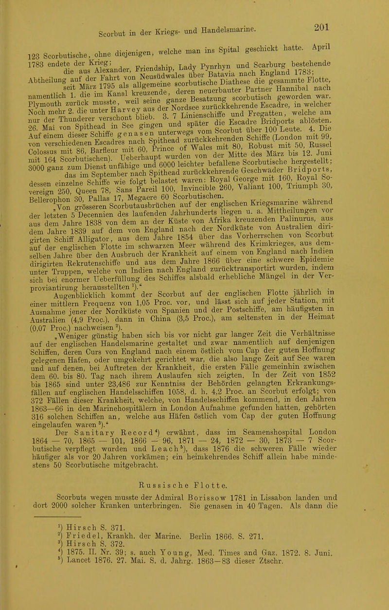 123 Scorbutische, ohne diejenigen, welche man ins Spital geschickt hatte. April 1783 endete der K™g; T7^:„„a8hiü Lady Pynrhyn und Scarburg bestehende ...eilun^LflÄ Plyxnouth zurück '^^-«te wexl seine ganze^ B^^ Noch mehr 2. die unter Harvey aus der worasee -.u Fregatten, welche am nur der Thunderer verschont bheb^ 3. 7 L«^^^ undj^^ g^. 96. Mai von Spithead m See gingen una spaiex mo Lpute 4 Die '-''--toi lÄÄX?.!^^ während der letzten 5 Decennien des laufenden Jahrhunderts liegen u. a. Mittheilungen vor aus dem Lire 1838 von dem an der Küste von Afrika kreuzenden Pa murus, aus S Sre 1839 auf dem von England nach der Nordküste von Australien diri- Sen Schiif Alligator, aus dem Jahre 1854 über das VorheiTschen von Scorbut äf der englifchen Flotte im schwarzen Meer während des Krimkrieges aus dem- selben Jahrl über den Ausbruch der Krankheit auf e.nem von England nach Indien dirigii-ten -Rekrutenschiffe und aus dem Jahre 1866 über eine schwere Epidemie unter Truppen, welche von Indien nach England zurücktransportirt wurden mdem sich bei enormer Ueberfülluug des Schilfes alsbald erhebliche Mangel m der Vei- proviantirung herausstellten*). ...t. t i • Augenblicklich kommt der Scorbut auf der englischen Flotte jährlich in einer mittlem Frequenz von 1,05 Proc. vor, und lässt sich auf jeder Station, mit Ausnahme jener der Nordküste von Spanien und der Postschifife, am hautigsten in Australien (4,9 Proc), dann in China (3,5 Proc), am seltensten m der Heimat (0,07 Proc) nachweisen ^). tt • „Weniger günstig haben sich bis vor nicht gar langer Zeit die Verhältnisse auf der englischen Handelsmarine gestaltet und zwar namentlich auf denjenigen SchifPen, deren Curs von England nach einem östlich vom Cap der guten Hoffnung gelegenen Hafen, oder umgekehrt gerichtet war, die also lange Zeit auf See waren und auf denen, bei Auftreten der Krankheit, die ersten Fälle gemeinhin zwischen dem 60. bis 80. Tag nach ihrem Auslaufen sich zeigten. In der Zeit von 1852 bis 1865 sind unter 23,486 zur Kenntniss der Behörden gelangten Erkrankungs- fällen auf englischen Handelsschiffen 1058, d. h. 4,2 Proc. an Scorbut erfolgt; von 372 Fällen dieser Krankheit, welche, von Handelsschiffen kommend, in den Jahren 1863—66 in den Marinehospitälern in London Aufnahme gefunden hatten, gehörten 316 solchen Schüfen an, welche aus Häfen östlich vom Cap der guten Hoffnung eingelaufen waren ^).'' Der Sanitäry Record*) erwähnt, dass im Seamenshospital London 1864 — 70, 1865 — 101, 1866 - 96, 1871 — 24, 1872 — 30, 1873 — 7 Scor- butische verpflegt wurden und Leach'), dass 1876 die schweren Fälle wieder häufiger als vor 20 Jahren vorkämen; ein heimkehrendes Schiff allein habe minde- stens 50 Scorbutische mitgebracht. Russisch Scorbuts wegen musste der Admiral dort 2000 solcher Kranken unterbringen. 6 Flotte. Borissow 1781 in Lissabon landen und Sie genasen in 40 Tagen. Als dann die 1) Hirsch S. 371. 2) Priedel, Krankh. der Marine. Berlin 1866. S. 271. ') Hirsch S. 372. *) 1875. IL Nr. 39; s. auch Young, Med. Times and Gaz. 1872. 8. Juni. ») Lancet 1876. 27. Mai. S. d. Jahrg. 1863-83 dieser Ztschr.