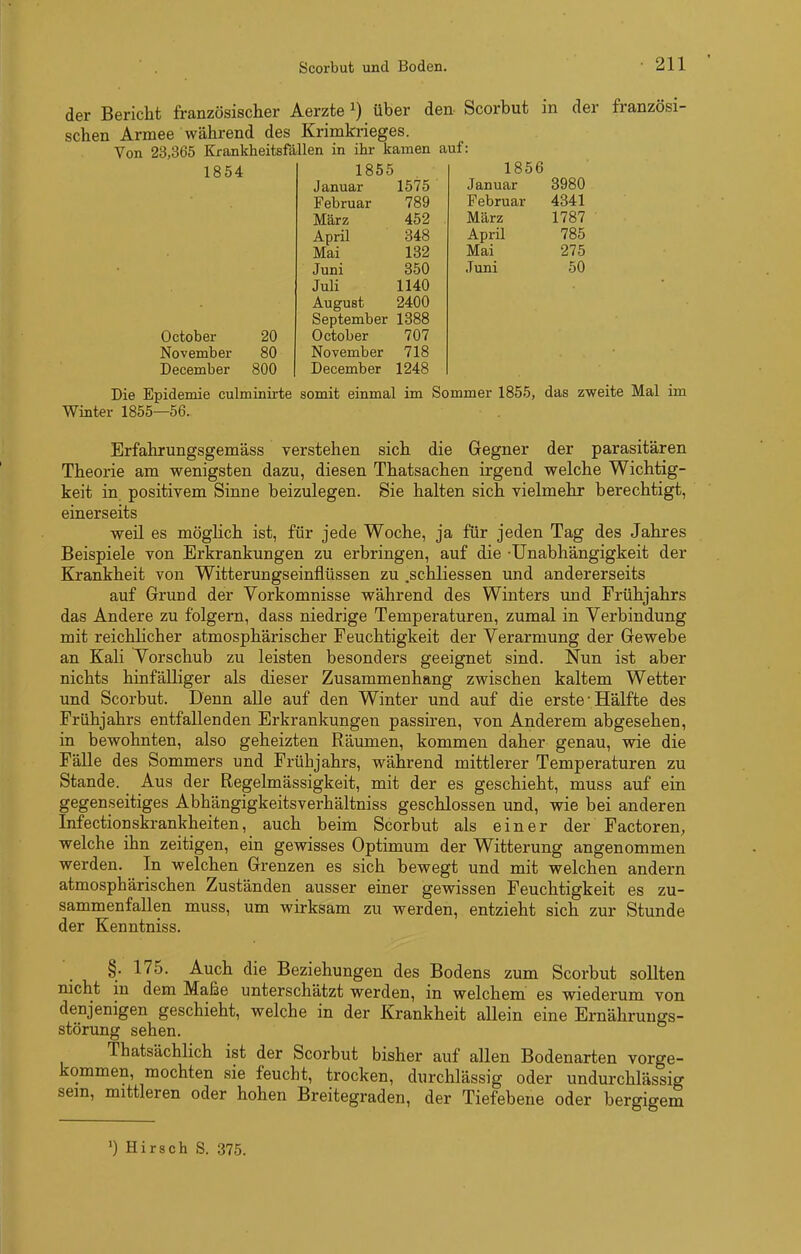 der Bericht französischer Aerzte ^) über den Scorbut in der französi- schen Armee während des Krimkrieges. Von 23,365 Krankheitsfällen in ihr kamen auf: 1854 October 20 November 80 December 800 1855 Januar 1575 Februar März April Mai Juni Juli August September 1888 October 707 November 718 December 1248 789 452 348 132 350 1140 2400 1856 Januar Februar März April Mai Juni 3980 4341 1787 785 275 50 Die Epidemie culminirte somit einmal im Sommer 1855, das zweite Mal im Winter 1855—56. Erfahrungsgemäss verstehen sich die Gegner der parasitären Theorie am wenigsten dazu, diesen Thatsachen irgend welche Wichtig- keit in. positivem Sinne beizulegen. Sie halten sich vielmehr berechtigt, einerseits v?-eil es möghch ist, für jede Woche, ja für jeden Tag des Jahres Beispiele von Erkrankungen zu erbringen, auf die -Unabhängigkeit der Krankheit von Witterungseinflüssen zu .schliessen und andererseits auf Grund der Vorkomnisse während des Winters und Frühjahrs das Andere zu folgern, dass niedrige Temperaturen, zumal in Verbindung mit reichlicher atmosphärischer Feuchtigkeit der Verarmung der Gewebe an Kali Vorschub zu leisten besonders geeignet sind. Nun ist aber nichts hinfälliger als dieser Zusammenhang zwischen kaltem Wetter und Scorbut. Denn alle auf den Winter und auf die erste Hälfte des Frühjahrs entfallenden Erkrankungen passiren, von Anderem abgesehen, in bewohnten, also geheizten Räumen, kommen daher genau, wie die Fälle des Sommers und Frühjahrs, während mittlerer Temperaturen zu Stande. Aus der Regelmässigkeit, mit der es geschieht, muss auf ein gegenseitiges Abhängigkeitsverhältniss geschlossen und, wie bei anderen Infectionskrankheiten, auch beim Scorbut als einer der Factoren, welche ihn zeitigen, ein gewisses Optimum der Witterung angenommen werden. In welchen Grenzen es sich bewegt und mit welchen andern atmosphärischen Zuständen ausser einer gewissen Feuchtigkeit es zu- sammenfallen muss, um wirksam zu werden, entzieht sich zur Stunde der Kenntniss. §. 175. Auch die Beziehungen des Bodens zum Scorbut sollten nicht in dem Maße unterschätzt werden, in welchem es wiederum von denjenigen geschieht, welche in der Krankheit allein eine Ernährungs- störung sehen. Thatsächlich ist der Scorbut bisher auf allen Bodenarten vorge- kommen, mochten sie feucht, trocken, durchlässig oder undurchlässig sein, mittleren oder hohen Breitegraden, der Tiefebene oder bergigem ') Hirsch S. 375.