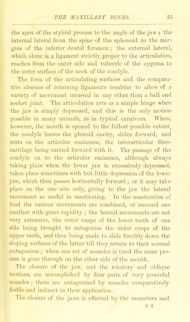 the apex of the styloid process to the angle of the jaw ; the internal lateral from the spine of the sphenoid to the mar- gins of the inferior dental foramen; the external lateral, which alone is. a ligament strictly, proper to the articulation, reaches from the outer side and tubercle of the zygoma to tlie outer surface of the neck of the condyle. The form of the articulating surfaces and the compara- tive absence of retaining ligaments combine to allow of a variety of movement unusual in any other than a ball and socket joint. The articulation acts as a simple hinge when the jaw is simply depressed, and this is the only motion possible in many animals, as in typical carnivora. When, however, the mouth is opened to the fullest possible extent^ the condyle leaves the glenoid cavity, slides forward, and rests on the articular eminence, the interarticular fibro- nartilage being carried forward with it. The passage of the ■condyle on to the articular eminence, although always taking place when the lower jaw is excessively depressed, takes place sometimes with but little depression of the lower jaw, which then passes horizontally forward; or it may take place on the one side only, giving to the jaw the lateral movement so useful in mastication. In the mastication of food the various movements are combined, or succeed one another with great rapidity ; the lateral movements are not very extensive, the outer cusps of the lower teeth of one eide being brought to antagonise the outer cusps of the upper teeth, and then being made to slide forcibly down the sloping surfaces of the latter till they return to their normal antagonism; when one set of muscles is tired the same pro- cess is gone through on the other side of the mouth. 1’hc closure of the jaw, and the rotatory and oblique motions, are accomjdished by four pairs of very powerful muscles ; these are antagonised by muscles comparatively feeble and indirect in their application. The closure of the jaws is effected by the masseters and I) 2