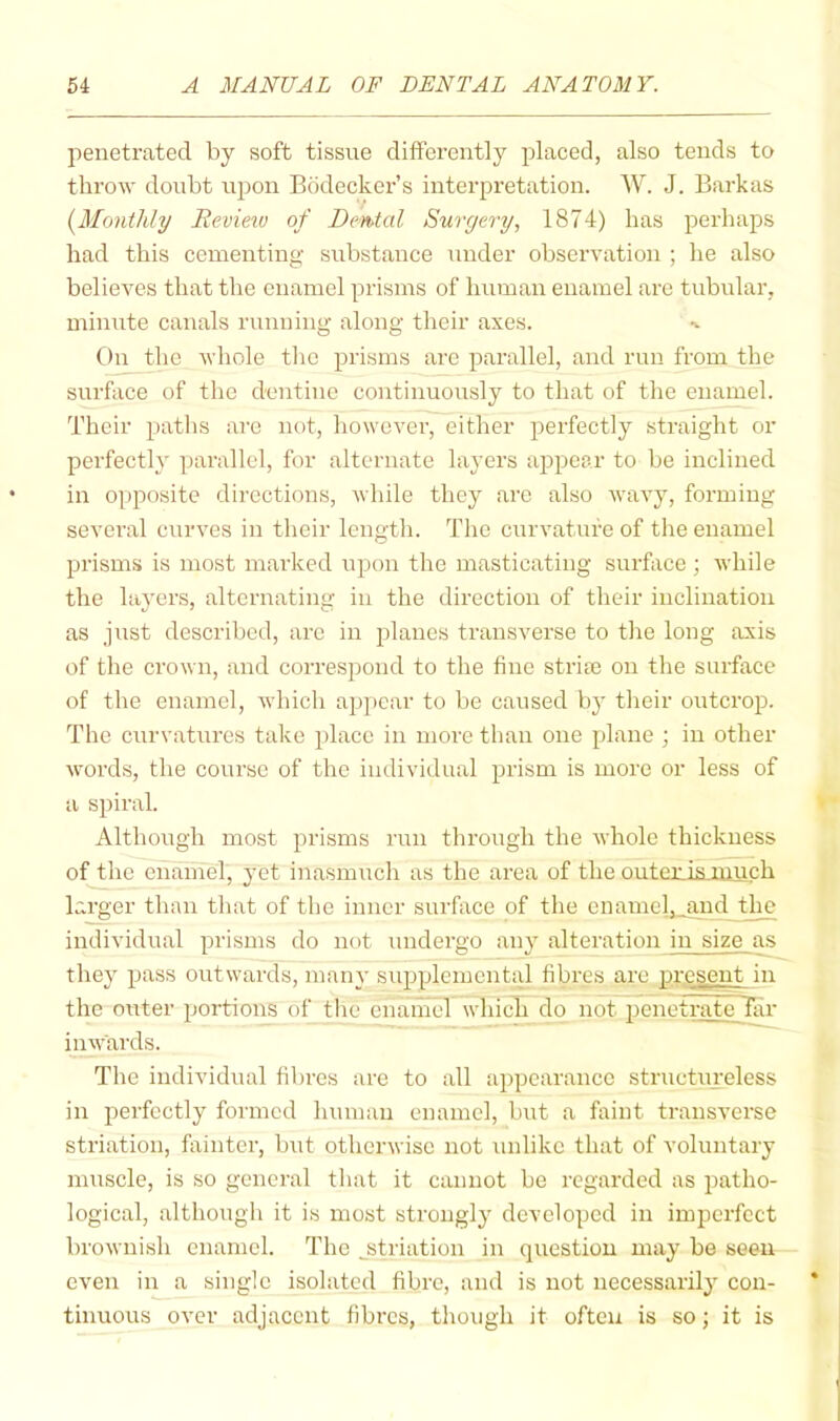 penetrated by soft tissue differently placed, also tends to throw doubt upon Biidecker’s interpretation. AY. J. Barkas {Monthly Revieio of Dental Surgery, 1874) has perhaps had this cementing substance under observation ; he also believes that the enamel prisms of human enamel are tubular, minute canals running along their axes. •>. On the whole tlic prisms are parallel, and run from the surface of the dentine continuously to that of the enamel. Their paths arc not, however, either perfectly straight or perfectly parallel, for alternate layers appear to be inclined in opposite directions, while they are also wavy, forming several curves in their length. The curvature of the enamel prisms is most marked upon the masticating surfoce ; while the layers, alternating in the direction of their inclination as just described, arc in planes transverse to the long axis of the crown, and correspond to the fine stricC on the surface of the enamel, which appear to be caused by their outcrop. The curvatures take place in more than one plane ; in other words, the course of the individual prism is more or less of a spiral. Although most prisms run through the whole thickness of the enamel, yet inasmxich as the area of the outeris_uiuch larger than that of the inner surface of the enamelj_aud tjm individual prisms do not undergo any alteration in size as they pass outwards, many supplemental fibres arc present in the outer portions of the enamel which do not penetrateTar inwards. The individual fibres are to all appearance structureless in perfectly formed human enamel, but a faint transverse striation, fainter, but otherwise not unlike that of voluntary muscle, is so general that it cannot be regarded as patho- logical, although it is most strongly developed in imperfect brownish enamel. The ^striation in question may be seen even in a single isolated fibre, and is not necessarily con- tinuous over adjacent fibres, though it often is so; it is