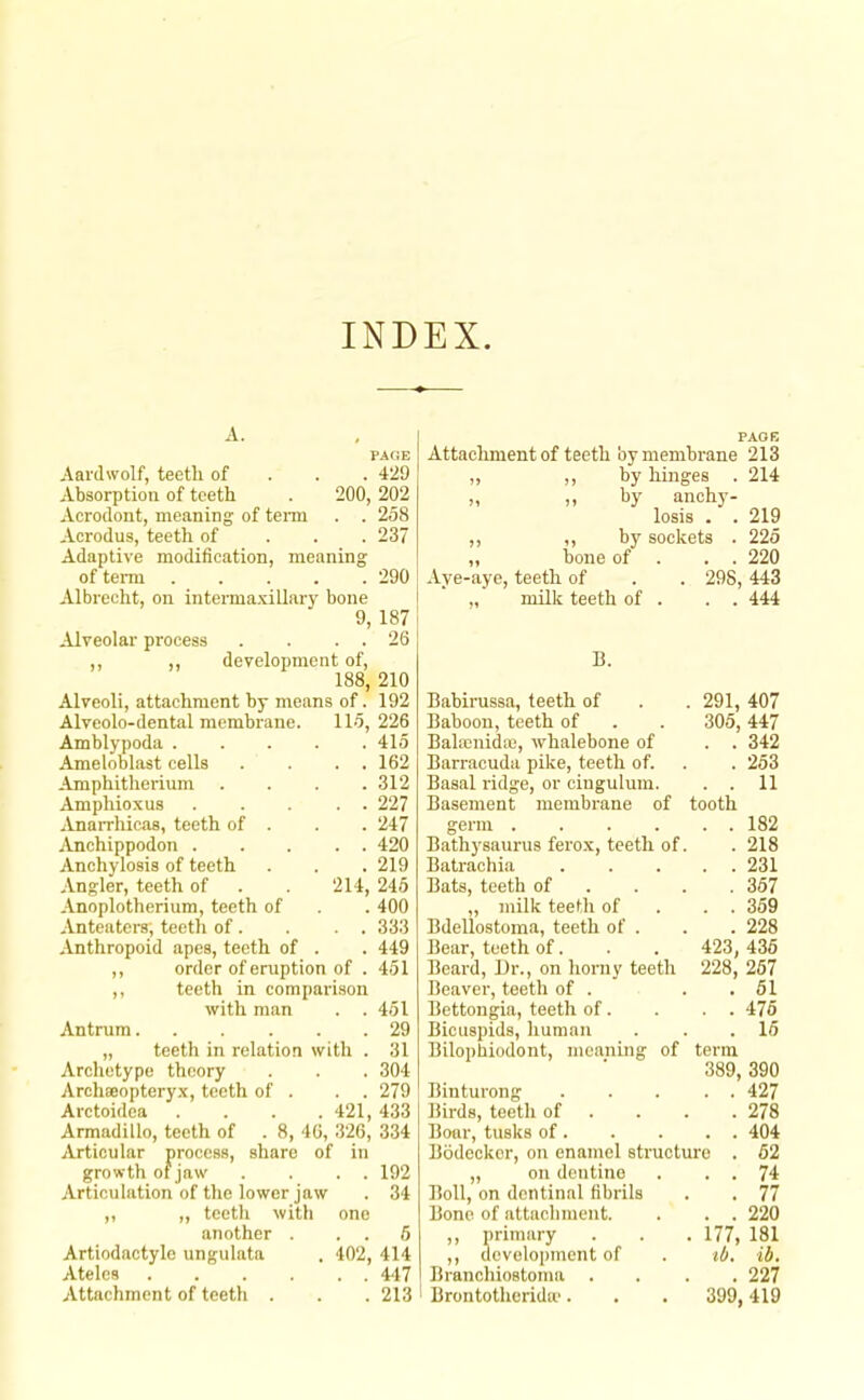 INDEX A. PAGE Aanlwolf, teeth of . . . 429 Absorption of teeth . 200, 202 Acrodont, meaning of tenn . . 258 Acrodus, teeth of . . . 237 Adaptive modification, meaning of term 290 Albrecht, on intermaxillary bone 9, 187 Alveolar process . . . . 26 ,, ,, development of, 188, 210 Alveoli, attachment by means of. 192 Alveolo-dental membrane. 115, 226 Amblypoda ..... 415 Ameloblast cells . . . . 162 Amphitherium .... 312 Amphioxus 227 Anarrhicas, teeth of . . . 247 Anchippodon . . . . . 420 Anchylosis of teeth . . . 219 Angler, teeth of . . 214, 245 ,\noplotherinm, teeth of . 400 Anteaters; teeth of . . . . 333 Anthropoid apes, teeth of . . 449 ,, order of eruption of . 451 ,, teeth in comparison with man . . 451 Antrum 29 „ teeth in relation with . 31 Archetype theory . . . 304 Archseopteryx, teeth of . . . 279 Arctoidca .... 421, 433 Armadillo, teeth of . 8, 46, 326, 334 Articular process, share of in growth of jaw . . . . 192 Articulation of the lower jaw . 34 ,, „ teeth with one another . . . 5 Artiodactyle ungulata . 402, 414 Atelcs 447 Attachment of teeth . . . 213 PAGE Attachment of teeth by membrane 213 „ ,, by hinges . 214 „ ,, by anchy- losis . . 219 ,, ,, by sockets . 225 „ hone of . . . 220 -Vye-aye, teeth of . . 298, 443 „ milk teeth of . . . 444 13. Babirussa, teeth of . .291, 407 Baboon, teeth of . . 305,447 Bala;nida3, whalebone of . . 342 Barracuda pike, teeth of. . . 253 Basal ridge, or cingulum. . . 11 Basement membrane of tooth germ 182 Bathysaurus ferox, teeth of. . 218 Batrachia 231 Bats, teeth of ... . 357 „ milk teeth of . . . 359 Bdellostoma, teeth of . . . 228 Bear, teeth of. . . 423, 435 Beard, Jlr., on horny teeth 228, 257 Beaver, teeth of . . .51 Bettongia, teeth of. . . . 475 Bicuspids, human . . .15 Bilophiodont, meaning of term 389, 390 Binturong 427 Birds, teeth of ... . 278 Boar, tusks of 404 Bodcckor, on enamel structure . 52 „ on dentine . . . 74 Boll, on dentinal fibrils . . 77 Bone of attachment. . . . 220 ,, primary . . . 177, 181 ,, development of . ib, ih. Branchiostoma .... 227 Brontotheridie. . . 399,419