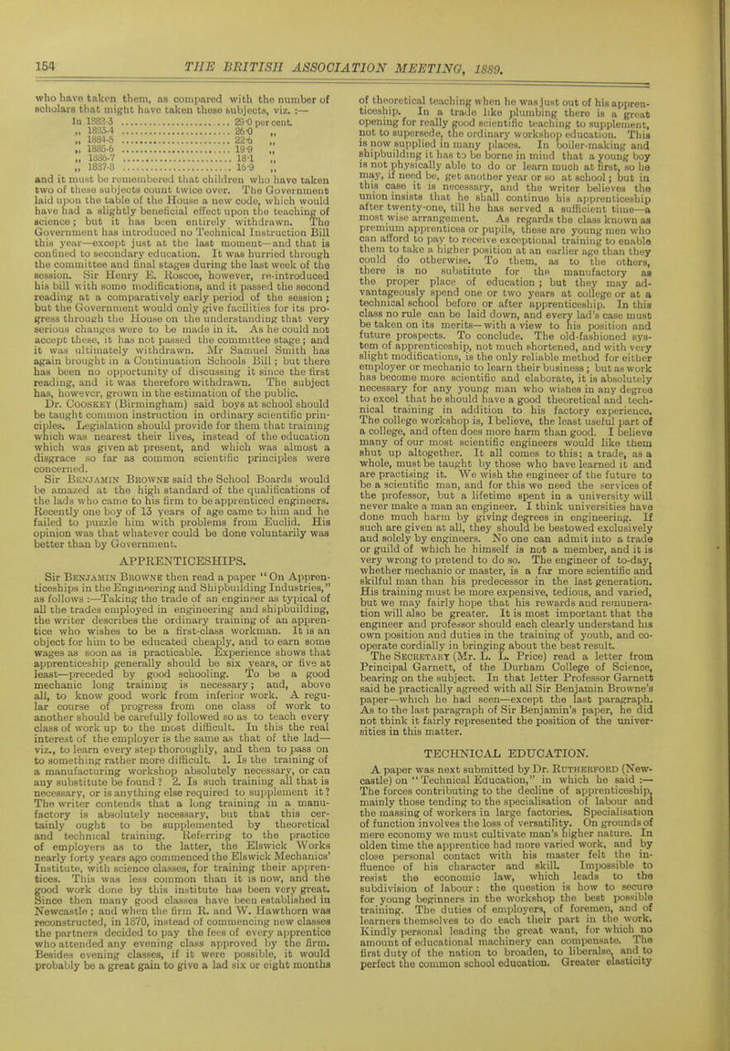 who have taken them, as compared with the number of scholars that might have taken these subjects, viz. :— In 1882-3 ... 29-0 percent ,. 18S3-4 26-0 „ „ 1884-5 22-6 „ „ 1885-6 19-9 ., „ 1886-7 18-1 „ „ 1887-8 16-9 „ and it must be remembered that chiklren who have taken two of these subjects count twice over. The Government laid upon the table of the House a new code, which would have had a slightly beneficial effect upon the teaching of science; but it has been entirely withdrawn. The Government has introduced no Technical Instruction Bill this year—except just at the last moment—and that is confined to secondary education. It was hurried through the committee and final stages during the last week of the session. Sir Henry E. Roscoe, however, re-introduced his bill with some modifications, and it passed the second reading at a comparatively early period of the session; but the Government would only give facilities for its pro- gi-ess throuerh the House on the understanding that very serious changes were to be made in it. As he could not accept these, it has not passed the committee stage; and it was ultimately withdrawn. Mr Samuel Smith has again brought in a Continuation Schools Bill; but there has been no opportunity of discussing it since the first reading, and it was therefore withdrawn. The subject has, however, grown in the estimation of the public. Dr. CooSKEY (Birmingham) said boys at school should be taught common instruction in ordinary scientific prin- ciples. Legislation should provide for them that training which was nearest their lives, instead of the education which was given at present, and which was almost a disgrace so far as common scientific principles were concerned. Sir Bknjamin Beownb said the School Boards would be amazed at the high standard of the qualifications of the lads who came to his firm to be apprenticed engineers. Recently one boy of 13 years of age came to him and he failed to puzzle him with problems from Euclid. His opinion was that whatever could be done voluntarily was better than by Government. APPRENTICESHIPS. Sir Benjamin Bkowne then read a paper  On Appren- ticeships in tfaeEngmeering and Shipbuilding Industries, as follows :—Taking the trade of an enginser as typical of all the trades employed in engineering and shipbuilding, the writer describes the ordinary training of an appren- tice who wishes to be a first-class workman. It is an object for him to be educated cheaply, and to earn some wages as soon as is practicable. Experience shows that apprenticeship generally should be six years, or five at least—preceded by good schooling. To be a good mechanic long training is necessary; and, above all, to know good work from inferior work. A regu- lar course of progress from one class of work to another should be carefully followed so as to teach every class of work up to the most difficult. In this the real interest of the employer is the same as that of the lad— viz., to learn every step thoroughly, and then to pass on to something rather more difficult. 1. Is the training of a manufacturing workshop absolutely necessary, or can any substitute be found ? 2. Is such training all that is necessary, or is anything else required to supplement it ? The writer contends that a long training in a manu- factory is absolutely necessary, but that this cer- tainly ought to be supplemented by theoretical and technical training. Referring to the practice of employers as to the latter, the Elswick Works nearly forty years ago commenced the Elswick Mechanics' Institute, with science classes, for training their appren- tices. This was less common than it is now, and the food work done by this institute has been very great, ince then many good classes have been established in Newcastle ; and when the firm R. and W. Hawthorn was reconstructed, in 1870, instead of commencing new classes the partners decided to pay the fees of every apprentice who attended any evening class approved by the firm. Besides evening classes, if it were possible, it would probably be a great gain to give a lad six or eight mouths of theoretical teaching when he was just out of his appren- ticeship. In a trade like plumbing there is a great opening for really good scientific teaching to supplement, not to supersede, the ordinary workshop education. This is now supplied in many places. In boiler-making and shipbuilding it has to be borne in mind that a young boy is not physically able to do or learn much at first, so he may, if need be, get another year or so at school; but in this case it is necessary, and the writer believes the union insists that he shall continue his ajjprenticeship after twenty-one, till he has served a sufficient time—a most wise arrangement. As regards the class known as premium apprentices or pupils, these are young men who can afford to pay to receive exceptional training to enable them to take a higher position at an earlier age than they could do otherwise. To them, as to the others, there is no substitute for the manufactory aa the proper place of education ; but they may ad- vantageously spend one or two years at college or at a technical school before or after apprenticeship. In this class no rule can be laid down, and every lad's case must be taken on its merits— with a view to his position and future prospects. To conclude. The old-fashioned sys- tem of apprenticeship, not much shortened, and with very slight modifications, is the only reliable method for either employer or mechanic to learn their business; but as work has become more scientific and elaborate, it is absolutely necessary for any young man who wishes in any degree to excel that he should have a good theoretical and tech- nical training in addition to his factory experience. The college workshop is, I believe, the least useful part of a college, and often does more harm than good. I beheva many of our most scientific engineers would like them shut up altogether. It all comes to this; a trade, as a whole, must be taught by those who have learned it and are practising it. We wish the engineer of the future to be a scientific man, and for this we need the services of the professor, but a lifetime spent in a university will never make a man an engineer. I think universities have done much harm by giving degrees in engineering. If such are given at all, they should be bestowed exclusively and solely by engineers. No one can admit into a trade or guild of which he himself is not a member, and it is very wrong to pretend to do so. The engineer of to-day, whether mechanic or master, is a far more scientific and skilful man than his predecessor in the last generation. His training must be more expensive, tedious, and varied, but we may fairly hope that his rewards and remunera- tion will also be greater. It is most important that the engineer and professor should each clearly understand his own position and duties in the training of youth, and co- operate cordially in bringing about the best result. The Seohetaet (Mr. L. L. Price) read a letter from Principal Garnett, of the Durham College of Science, bearing on the subject. In that letter Professor Garnett said he practically agreed with all Sir Benjamin Browne's paper—which he had seen—except the last paragraph. As to the last paragraph of Sir Benjamin's paper, he did not think it fairly represented the position of the univer- sities in this matter. TECHNICAL EDUCATION. A paper was next submitted by Dr. Rutherford (New- castle) on  Technical Education, in which he said:— The forces contributing to the decline of apprenticeship, mainly those tending to the specialisation of labour ana the massing of workers in large factories. Specialisation of function involves the loss of versatility. On grounds of mere economy we must cultivate man's higher nature. In olden time the apprentice had more varied work, and by close personal contact with his master felt the in- fluence of his character and skill. Impossible to resist the economic law, which leads to the subdivision of labour : the question is how to secure for young beginners in the workshop the best possible training. The duties of employers, of foremen, and of learners themselves to do each their part in the work. Kindly personal leading the great want, for which no amount of educational machinery can compensate. The first duty of the nation to broaden, to liberalse, and to perfect the common school education. Greater elasticity