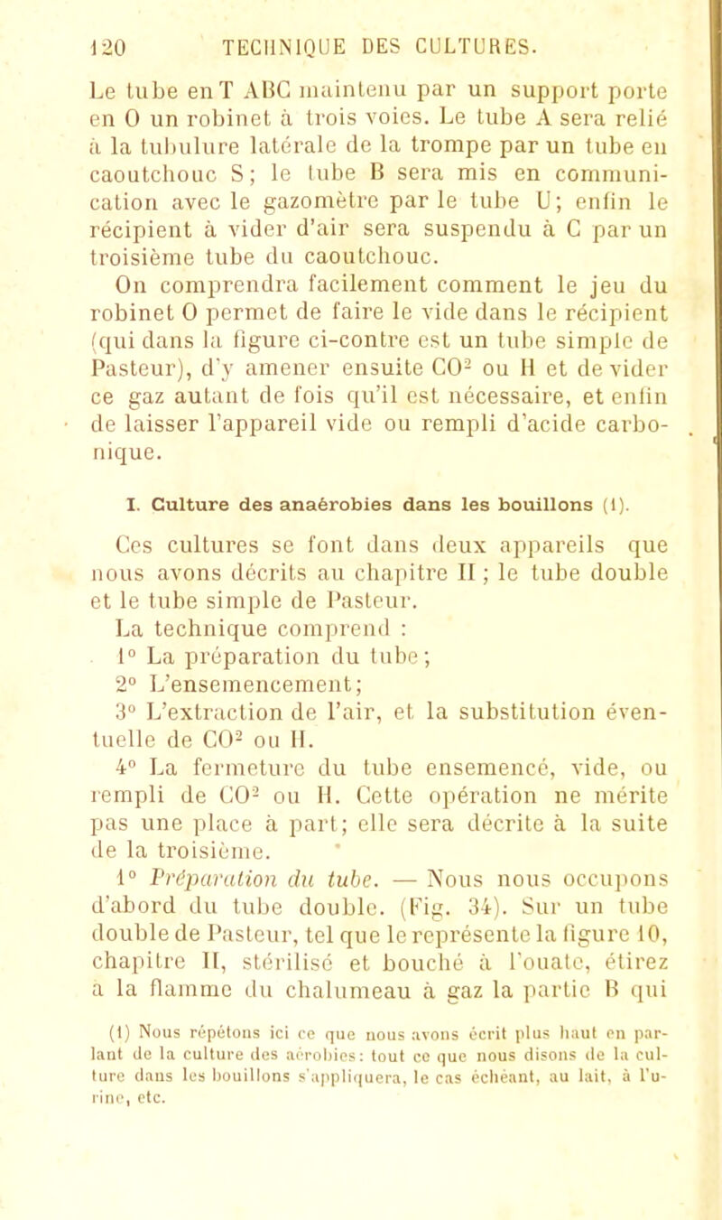 Le Uibe enT ABC inainleiiu par un support porte en 0 un robinet à trois voies. Le tube A sera relié ix la tubulure latérale de la trompe par un tube en caoutchouc S; le lube B sera mis en communi- cation avec le gazomètre parle tube U; enfin le récipient à vider d'air sera suspendu à C par un troisième tube du caoutchouc. On comprendra facilement comment le jeu du robinet 0 permet de faire le vide dans le récipient (qui dans la figure ci-contre est un tube simple de Pasteur), dy amener ensuite CO- ou H et de vider ce gaz autant de fois qu'il est nécessaire, et enfin de laisser l'appareil vide ou rempli d'acide carbo- nique. I. Culture des anaérobies dans les bouillons (1). Ces cultures se font dans deux appareils que nous avons décrits au chapitre II; le tube double et le tube simple de Pasteur. La technique comprend : 1° La préparation du lube; 2° L'ensemencement; 3 L'extraction de l'air, et la substitution éven- tuelle de C02 ou IL 4 La fermeture du tube ensemencé, vide, ou rempli de CO- ou H. Cette opération ne mérite pas une place à part; elle sera décrite à la suite de la troisième. 1° Prôpurulmn cbi tube. — Nous nous occujions d'abord du tube double. (Pig. 34). Sur un tube double de Pasteur, tel que le repi'ésente la figure 10, chapitre II, stérilisé et bouché à l'ouate, étirez a la flamme du chalumeau à gaz la partie B qui (1) Nous répétons ici ce que nous avons écrit plus haut en par- lant (le la culture des aérobies: tout ce que nous disons de la cul- ture dans les houillons s'appli(|uera, le cas échéant, au lait, à l'u- rine, etc.