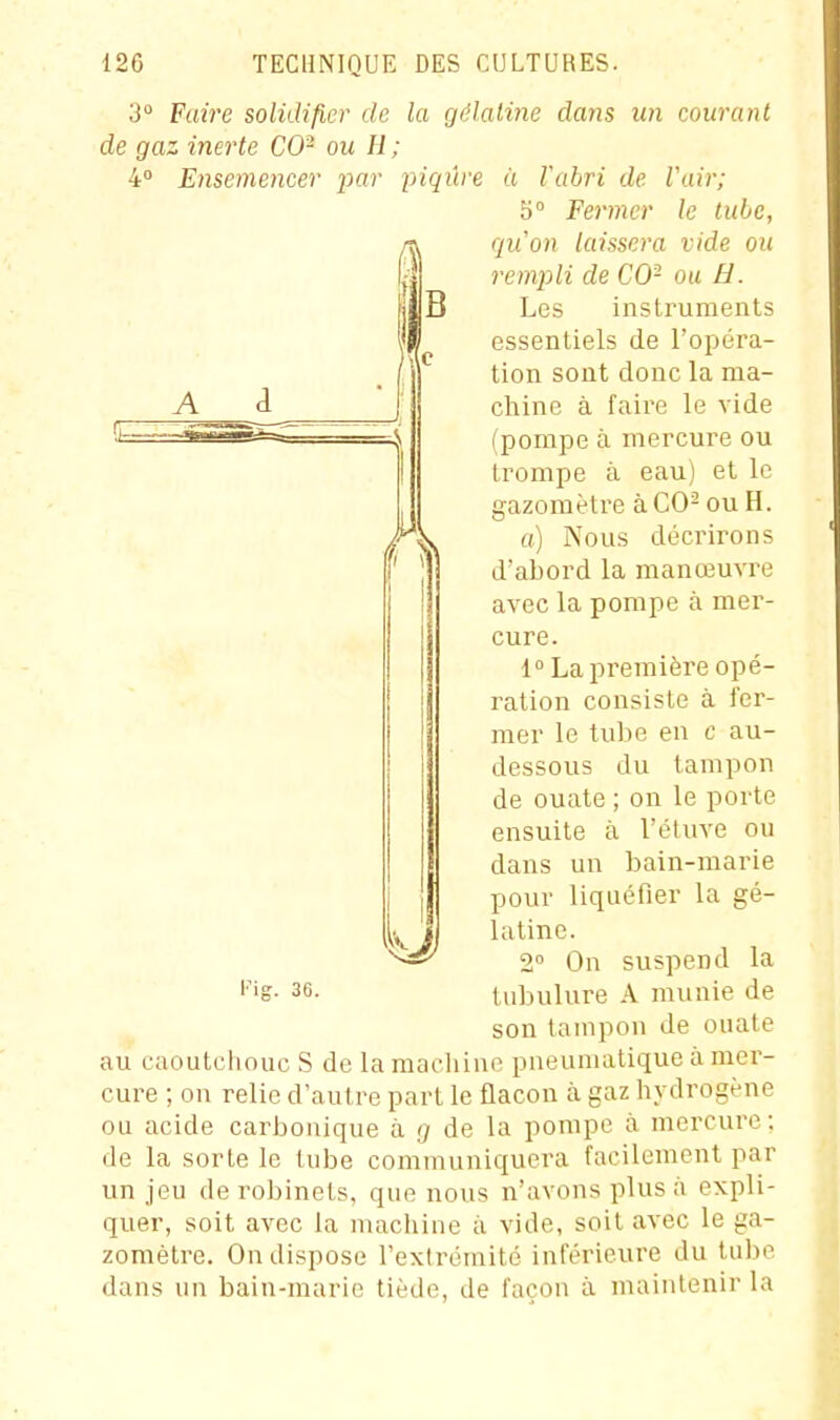 A 3 Faire solidifier de la gélatine dans un courant de gaz inerte CO- ou H ; 4 Ensemencer par piqûre à Vabri de Vair; b Fermer le tube, qu'on laissera vide ou rempli de CO- ou H. Les instruments essentiels de l'opéra- tion sont donc la ma- chine à faire le vide (pompe à mercure ou trompe à eau) et le gazomètre à CO- ou H. a) Nous décrirons d'abord la manœuvre avec la pompe à mer- cure. 1° La première opé- ration consiste à fer- mer le tube en c au- dessous du tampon de ouate ; on le porte ensuite à l'éluve ou dans un bain-marie pour liquéfier la gé- latine. 2° On suspend la 36. tubulure A munie de son tampon de ouate au caoutchouc S de la machine pneumatique à mer- cure ; on relie d'aut re part le flacon à gaz hydrogène ou acide carbonique à de la pompe à mercure: de la sorte le tube communiquera facilement par un jeu de robinets, que nous n'avons plus à expli- quer, soit avec la machine à vide, soit avec le ga- zomètre. On dispose l'extrémité inférieure du lulie dans un bain-marie tiède, de façon à maintenir la