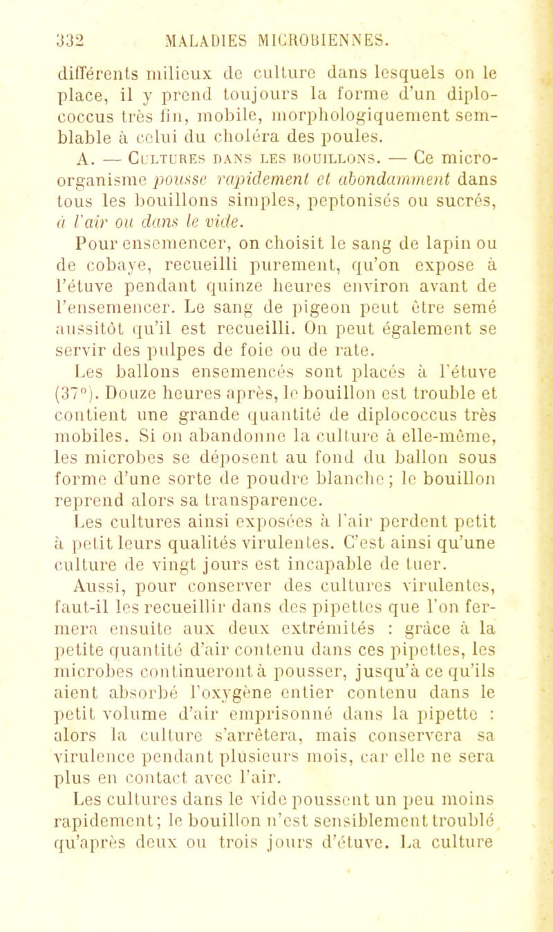 différents milieux de cullure dans lesquels on le place, il y prend toujours la foi'me d'un diplo- coccus très fin, mobile, morphologiquement sem- blable à celui du choléra des poules. A. •— Cultures dans les bouillons. — Ce micro- organisme pousse rapidement et abondamment dans tous les bouillons simples, peptonisés ou sucrés, (I l'air OH dans le vide. Pour ensemencer, on choisit le sang de lapin ou de cobaye, recueilli purement, qu'on expose à l'étuve pendant quinze heures environ avant de l'ensemencer. Le sang de pigeon pent être semé juissitôt qu'il est recueilli. On peut également se servir des pulpes de foie ou de rate. Les ballons ensemencés sont placés à l'étuve (37). Douze heures après, le bouillon est trouble et contient une grande quantité de diplococcus très mobiles. Si on abandonne la culture à elle-même, les microbes se déposent au fond du ballon sous forme d'une sorte de poudre blanche ; le bouillon reprend alors sa transparence. Les cultures ainsi exposées à l'air perdent petit à petit leurs qualités virulentes. C'est ainsi qu'une culture de vingt jours est incapable de tner. Aussi, pour conserver des cultures virulentes, faut-il les recueillir dans des pipettes que l'on fer- mera ensuite aux deux extrémités : grâce à la petite quantité d'air contenu dans ces pipettes, les microbes continueront à pousser, jusqu'à ce qu'ils aient absorbé l'oxygène entier contenu dans le petit volume d'air emprisonné dans la pipette : alors la culture s'arrêtera, mais conservera sa virulence pendant plusieurs mois, car elle ne sera plus en contact avec l'air. Les cultures dans le vide poussent un peu moins rapidement; le bouillon n'est sensiblement troublé qu'après deux ou trois jours d'étuve. La culture