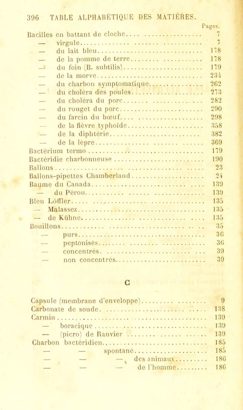 Pages. Bacilles en battant de cloche 7 — virgule 1 — du lait bleu 1 8 — de la pomme de terre 178 — du foin (B. subtilis) 170 — de la morve 2'i'i — du charbon symptoniatique 202 — du choléra des poules 27;i — du choléra du porc 282 - du rouget du porc 290 — du farcin du bœuf 208 — de la fièvre typhoïde 308 — de la diphtérie 382 — de la lèpre 369 Bactérium terme 179 Bactéridie chai'honneuse 190 Ballons 23 Ballons-pipettes Chamberland 24 Baume du Canada 139 — du Pérou 130 Bleu LofTler 135 — Malassez 135 — de Kiihne 135 Bouillons 35 — purs 30 — peptonisés 30 — concentrés 39 — non concentrés 39 C Capsule (membrane d'enveloppe) 9 Carbonate de soude . ..... 138 Carmin 139 — boraciquo 139 — (picro) de Ranviei- 130 Charbon bactéridicn 185 — — spontané 185 — — —^ des animaux 180 — — — de l'homme 180