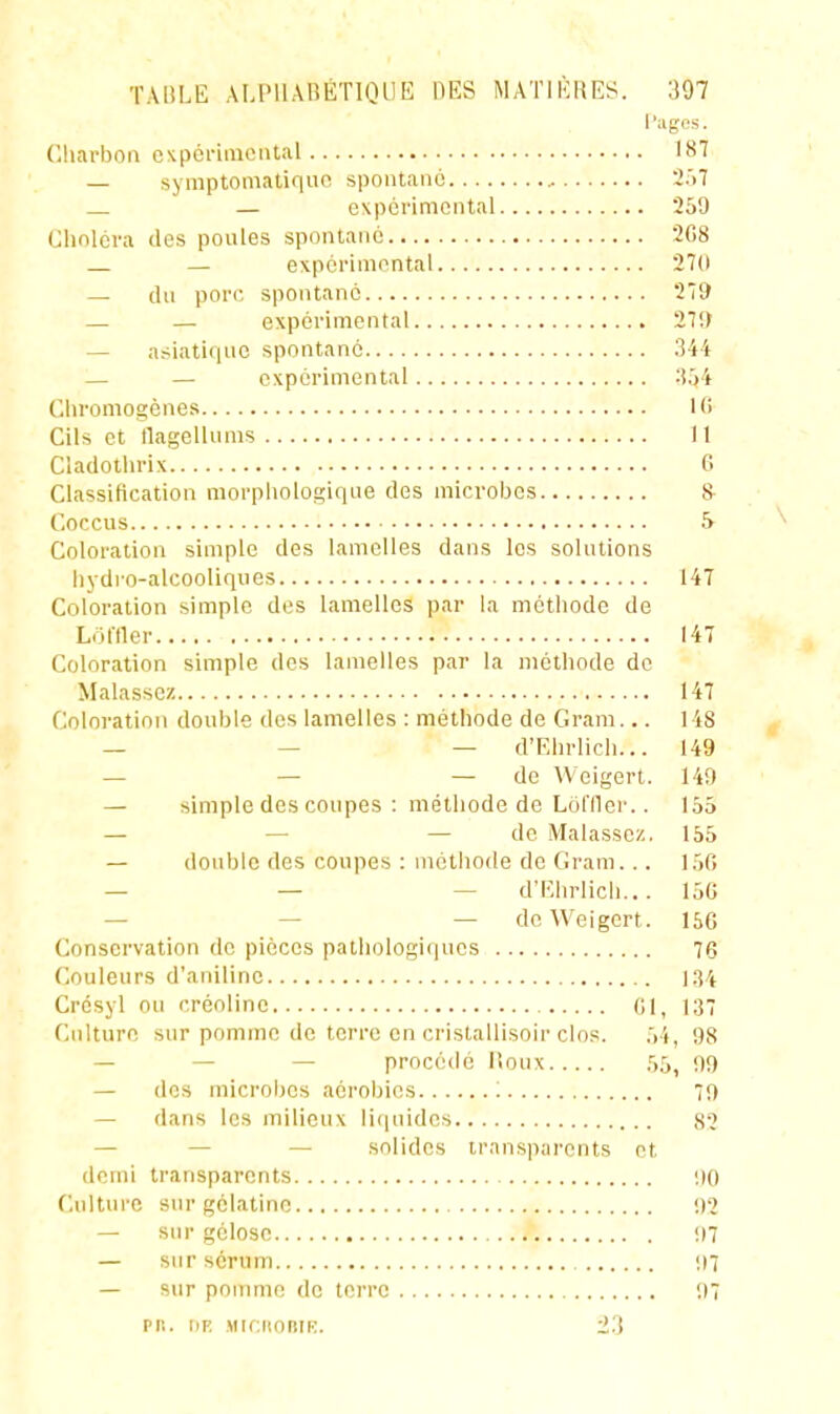 Pages. Charbon expériiiiciital 187 — syiiiptomatif|uo spontano 2.')7 — expérimental 259 Cliolcva des poules spontané 2G8 — expérimental 270 — du porc spontané 279 — — expérimental 27!) — asiatique spontané 344 — — expérimental :!.')4 C.hromogènes H> Cils et llagellums 11 Cladothrix 6 Classification morphologique des microbes 8- Coccus f> ^ Coloration simple des lamelles dans les solutions hydro-alcooliques 147 Coloration simple des lamelles par la méthode de Lottler 147 Coloration simple des lamelles par la méthode de Malasscz 147 Coloration double des lamelles : méthode de Gram... 148 — — — d'Ehrlich... 149 — — — de V\ cigert. 149 — simple des coupes : méthode de Lolller.. 155 — — — de Malasscz. 155 — double des coupes : méthode de Gram... l.'jO — — — d'Ehrlich... 15G — — — dcWeigert. 15C Conservation de pièces pathologiques 76 Couleurs d'aniline 1.34 Crosyl ou créolinc 137 Culture sur pomme de terre en cristallisoir clos. .■)4, 98 — — — procédé lioux hï), 99 — des microljcs aérobies '. 79 — dans les milieux li(|nido.s ,S2 — — — solides transparents et (lonii transparents ;)0 Ciiltui c sur gélatine 92 — sur gélose i)7 — sur sérum !n — sur pomnin de terre 1)7 PII. IlE .MICHORIK. 23
