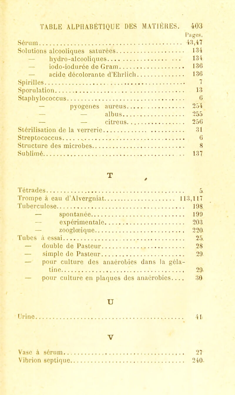 l'a ges, Sérum ■4-î,47 Solutions alcooliques saturées 134 — hydro-alcooliques 134 — iodo-iodurée de Gram 130 — acide décolorante d'Elirlicli 136 Spirilles 7 Sporulation 13 Stapliylococcus (i — pyogenes aureus 2û4 — — albiis 255 — — citreus 250 Stérilisation de la verrerie 31 Streptococcus 0 Structure des microbes 8 Sublimé 137 Tétrades 5 Trompe à eau d'Alvergniat 113,117 Tuberculose 198 — spontanée 199 — expérimentale 203 — zooglœique 220 Tubes à essai 25. — double de Pasteur 28 — simple de Pasteur 29 — pour culture des anaérobies dans la géla- tine 29 — pour culture en plaques des anaérobies.... 30 U Urine 41i V Vase à sérum 27 Vibrion soptique 240.