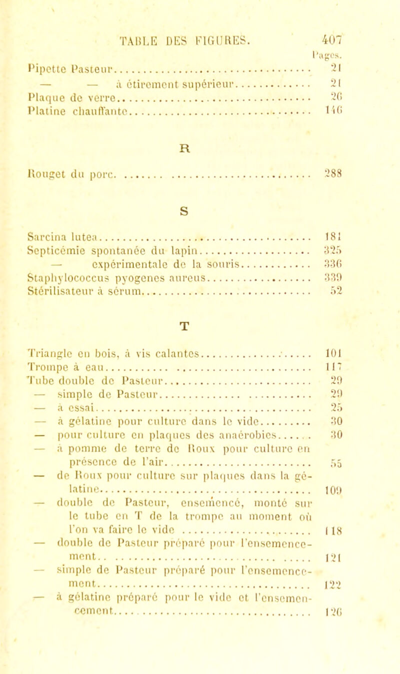 Pipette Pasteur 21 — — a otiromont supérieui- 21 Plaque de vorre -'(1 Platine cliauftaiito IWi R Rouget du porc 388 S Sarcina lutea 181 Septicémie spontanée du lapin ;i2r> expérimentale de la souris SîîO Stapliylococcus pyogencs aurons Stérilisateur à sérum 52 T Triangle on bois, à vis calantes ■ 101 Trompe à eau 117 Tube double de Pasteur 2!) — simple de Pasteur 29 — à essai 25 — à gélatine pour culture dans le vide 30 — pour culture en plaques des anaérobies :$0 — à pomme de terre de iîoux pour culture on présence de l'air ,)5 — de Houx pour culture sur pla(|ues dans la gé- latine 10'.) — double de Pasteur, ensenicnco, monté sur le tube en T de la trompe au moment où l'on va faire le vide ( IS — double de Pasteur préparé pour l'ensemence- ment lyi — simple de Pasteur préjiai'é pour l'ensemencf- mcnt 122 — à gélatine préparé |)our le vide et l'cnsomen- ccment I2(i
