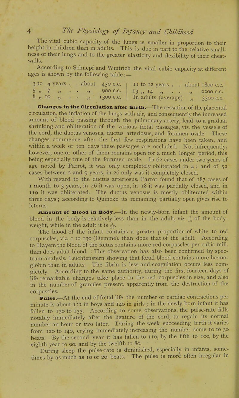 The vital cubic capacity of the lungs is smaller in proportion to their height in children than in adults. This is due in part to the relative small- ness of their lungs and to the greater elasticity and flexibility of their chest- walls. According to Schnepf and Wintrich the vital cubic capacity at different ages is shown by the following table:— 3 to 4 years . . about 45c c.c. 5 » 7 » • • „ 9°° c.c. 8 ,) 10 „ . . „ 1300 c.c. 11 to 12 years . . about 1800 c.c. 13 » 14 » • • „ 2200 c.c. In adults (average) „ 3300 c.c. Changes in the Circulation after Birth.—The cessation of the placental circulation, the inflation of the lungs with air, and consequently the increased amount of blood passing through the pulmonary artery, lead to a gradual shrinking and obliteration of the various fcetal passages, viz. the vessels of the cord, the ductus venosus, ductus arteriosus, and foramen ovale. These changes commence after the first few respirations have been taken, and within a week or ten days these passages are occluded. Not infrequently, however, one or other of them remains open for a much longer period, this being especially true of the foramen ovale. In 62 cases under two years of age noted by Parrot, it was only completely obliterated in 4 ; and of 52 cases between 2 and 9 years, in 26 only was it completely closed. With regard to the ductus arteriosus, Parrot found that of 187 cases of 1 month to 3 years, in 46 it was open, in 18 it was partially closed, and in 119 it was obliterated. The ductus venosus is mostly obliterated within three days; according to Quincke its remaining partially open gives rise to icterus. Amount of Blood in Body.—In the newly-born infant the amount of blood in the body is relatively less than in the adult, viz. ~ of the body- weight, while in the adult it is T\. The blood of the infant contains a greater proportion of white to red corpuscles, viz. 1 to 130 (Demme), than does that of the adult. According to Hayenr the blood of the foetus contains more red corpuscles per cubic mill, than does adult blood. This observation has also been confirmed by spec- trum analysis, Leichtenstern showing that fcetal blood contains more haemo- globin than in adults. The fibrin is less and coagulation occurs less com- pletely. According to the same authority, during the first fourteen days of life remarkable changes take place in the red corpuscles in size, and also in the number of granules present, apparently from the destruction of the corpuscles. Pulse.—At the end of foetal life the number of cardiac contractions per minute is about 132 in boys and 140 in girls ; in the newly-born infant it has fallen to 130 to 133. According to some observations, the pulse-rate falls notably immediately after the ligature of the cord, to regain its normal number an hour or two later. During the week succeeding birth it varies from 120 to 140, crying immediately increasing -the number some 10 to 30 beats. By the second year it has fallen to no, by the fifth to 100, by the eighth year to 90, and by the twelfth to 80. During sleep the pulse-rate is diminished, especially in infants, some- times by as much as 10 or 20 beats. The pulse is more often irregular in