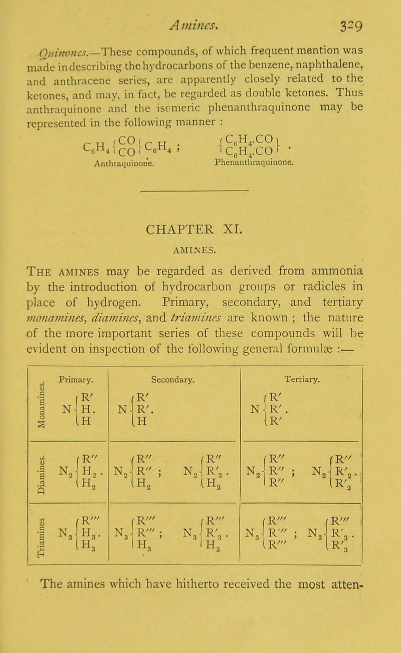 A mi/ics. 3-9 Quinones.—These compounds, of which frequent mention was made indescribing the hydrocarbons of the benzene, naphthalene, and anthracene series, are apparently closely related to the ketones, and may, in fact, be regarded as double ketones. Thus anthraquinone and the isomeric phenanthraquinone may be represented in the following manner : 1 CO 1 ’ Anthraquinone. 1 c8h4.co> CeH^co r Phenanthraquinone. CHAPTER XL AMINES. The amines may be regarded as derived from ammonia by the introduction of hydrocarbon groups or radicles in place of hydrogen. Primary, secondary, and tertiary monamines, diamines, and triamines are known ; the nature of the more important series of these compounds will be evident on inspection of the following general formulae :— Primary. 1 ,R' 2 N J H. 1 (h N- Secondary. fR/ R'. [h Tertiary. f R/ N R'. Ir7 i (R 1 '1h! Q N,- fR (R R; n2 r'2. h2 (h2 f R NJR ; N2 1 R (R// R'2. (R'3 2 /R' 1 n3 h3. •n (H3 (R' IR' n3 R'; n3 r;. i h3 1 h3 fR/ Ns\R' ; Ns- (R' R' R 3 • R'3 The amines which have hitherto received the most atten-