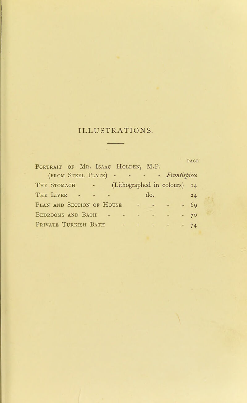 ILLUSTRATIONS. PAGE Portrait of Mr. Isaac Holden, M.P. (from Steel Plate) - Frontispiece The Stomach - (Lithographed in colours) 14 The Liver - - - do. 24 Plan and Section of House - - - - 69 Bedrooms and Bath 70 Private Turkish Bath 74