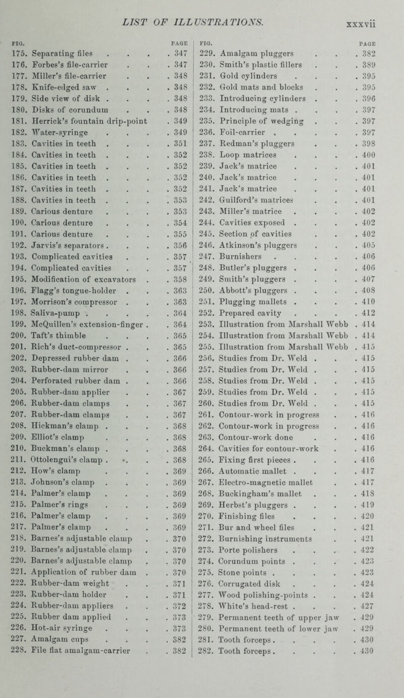 FIG. PAGE FIG. PAGE 175. Separating files . . 347 229. Amalgam pluggers . 382 176. Forbes’s file-carrier • 347 230. Smith’s plastic fillers . 389 177. Miller’s file-carrier • 348 231. Gold cylinders . 395 178. Knife-edged saw • 348 232. Gold mats and blocks . 395 179. Side view of disk . . 348 233. Introducing cylinders . . 396 180. Disks of corundum • 348 234. Introducing mats . . 397 181. Herrick’s fountain drip-point . 349 235. Principle of wedging . 397 1S2. Water-syringe • 349 236. Foil-carrier . . 397 1S3. Cavities in teeth • 351 237. Redman’s pluggers . 398 184. Cavities in teeth • 352 238. Loop matrices . 400 185. Cavities in teeth . 352 239. Jack’s matrice . 401 186. Cavities in teeth , 352 240. Jack’s matrice . 401 187. Cavities in teeth • 352 241. Jack’s matrice . 401 188. Cavities in teeth , 353 242. Guilford’s matrices . 401 189. Carious denture 353 243. Miller’s matrice . 402 190. Carious denture • 354 244. Cavities exposed . . 402 191. Carious denture 355 245. Section of cavities . 402 192. Jarvis’s separators . • 356 246. Atkinson’s pluggers . 405 193. Complicated cavities • 357 247. Burnishers . 406 194. Complicated cavities • 357 248. Butler’s pluggers . . 406 195. Modification of excavators • 358 249. Smith’s pluggers . . 407 196. Flagg’s tongue-holder • 363 250. Abbott’s pluggers . . 408 197. Morrison’s compressor . • 363 251. Plugging mallets . . 410 198. Saliva-pump . • 364 252. Prepared cavity . 412 199. McQuillen’s extension-finger • 364 253. Illustration from Marshall Webb . 414 200. Taft’s thimble 365 254. Illustration from Marshall Webb . 414 201. Rich’s duct-compressor . • 365 255. Illustration from Marshall Webb . 415 202. Depressed rubber dam . • 366 256. Studies from Dr. Weld . . 415 203. Rubber-dam mirror # 366 257. Studies from Dr. Weld . . 415 204. Perforated rubber dam . . 366 258. Studies from Dr. Weld . . 415 205. Rubber-dam applier 367 259. Studies from Dr. Weld . . 415 206. Rubber-dam clamps • 367 260. Studies from Dr. Weld . . 415 207. Rubber-dam clamps • 367 261. Contour-work in progress . 416 208. Hickman’s clamp . • 368 262. Contour-work in progress . 416 209. Elliot’s clamp . 368 263. Contour-work done . 416 210. Buckman’s clamp . 368 264. Cavities for contour-work . 416 211. Ottolengui’s clamp . • 368 265. Fixing first pieces . . 416 212. How’s clamp • 369 266. Automatic mallet . . 417 213. Johnson’s clamp • 369 267. Electro-magnetic mallet . 417 214. Palmer’s clamp , 369 268. Buckingham’s mallet . 41S 215. Palmer’s rings . 369 269. Herbst’s pluggers . . 419 216. Palmer’s clamp • 369 270. Finishing files . 420 217. Palmer’s clamp • 369 271. Bur and wheel files . 421 218. Barnes’s adjustable clamp • 370 272. Burnishing instruments . 421 219. Barnes’s adjustable clamp • 370 273. Porte polishers . 422 220. Barnes’s adjustable clamp . 370 274. Corundum points . . 423 221. Application of rubber dam • 370 275. Stone points . . 423 222. Rubber-dam weight , 371 276. Corrugated disk . 424 223. Rubber-dam holder • 371 277. Wood polishing-points . . 424 224. Rubber-dam appliers . 372 278. White’s head-rest . . 427 225. Rubber dam applied • 373 279. Permanent teeth of upper jaw . 429 226. Hot-air syringe . 373 280. Permanent teeth of lower jaw . 429 227. Amalgam cups . 382 281. Tooth forceps. . 430 228. File flat amalgam-carrier 382 282. Tooth forceps. . 430