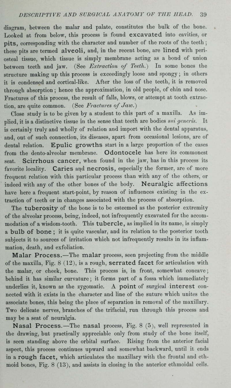 diagram, between the malar and palate, constitutes the bulk of the bone. Looked at from below, this process is found excavated into cavities, or pits, corresponding with the character and number of the roots of the teeth; these pits are termed alveoli, and, in the recent bone, are lined with peri- osteal tissue, which tissue is simply membrane acting as a bond of union between teeth and jaw. (See Extraction of Teeth.) In some bones the structure making up this process is exceedingly loose and spongy; in others it is condensed and cortical-like. After the loss of the teeth, it is removed through absorption ; hence the approximation, in old people, of chin and nose. Fractures of this process, the result of falls, blows, or attempt at tooth extrac- tion, are quite common. (See Fractures of Jaw.) Close study is to be given by a student to this part of a maxilla. As im- plied, it is a distinctive tissue in the sense that teeth are bodies sui generis. It is certainly truly and wholly of relation and import with the dental apparatus, and, out of such connection, its diseases, apart from occasional lesions, are of dental relation. Epulic growths start in a large proportion of the cases from the dento-alveolar membrane. Odontocele has here its commonest seat. Scirrhous cancer, when found in the jaw, has in this process its favorite locality. Caries and necrosis, especially the former, are of more frequent relation with this particular process than with any of the others, or indeed with any of the other bones of the body. Neuralgic affections have here a frequent start-point, by reason of influences existing in the ex- traction of teeth or in changes associated with the process of absorption. The tuberosity of the bone is to be esteemed as the posterior extremity of the alveolar process, being, indeed, not infrequently excavated for the accom- modation of a wisdom-tooth. This tubercle, as implied in its name, is simply a bulb of bone ; it is quite vascular, and its relation to the posterior tooth subjects it to sources of irritation which not infrequently results in its inflam- mation, death, and exfoliation. Malar Process.—The malar process, seen projecting from the middle of the maxilla, Fig. 8 (12), is a rough, serrated facet for articulation with the malar, or cheek, bone. This process is, in front, somewhat concave; behind it has similar curvature; it forms part of a fossa which immediately underlies it, known as the zygomatic. A point of surgical interest con- nected with it exists in the character and line of the suture which unites the associate bones, this being the place of separation in removal of the maxillary. Two delicate nerves, branches of the trifacial, run through this process and may be a seat of neuralgia. Nasal Process.—The nasal process, Fig. 8 (5), well represented in the drawing, but practically appreciable only from study of the bone itself, is seen standing above the orbital surface. Rising from the anterior facial aspect, this process continues upward and somewhat backward, until it ends in a rough facet, which articulates the maxillary with the frontal and eth- moid bones, Fig. 8 (13), and assists in closing in the anterior ethmoidal cells.