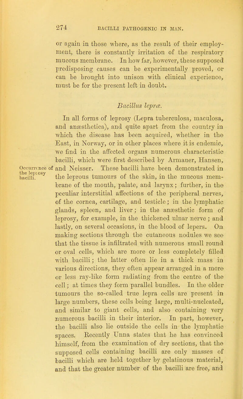 or again in those where, as the result of their employ- ment, there is constantly irritation of the respiratory mucous membrane. In how far, however, these supposed predisposing causes can be experimentally proved, or can be brought into unison with clinical experience, must be for the present left in doubt. Bacillus leprce. In all forms of leprosy (Lepra tuberculosa, maculosa, and anjBsthetica), and quite apart from the country in which the disease has been acquired, whether in the East, in Norway, or in other places where it is endemic, we find in the aifected organs numerous characteristic bacilli, which were first described by Armauer, Hansen, Occurrence of and Neisser. These bacilli have been demonstrated in bacillithe leprous tumours of the skin, in the mucous mem- brane of the mouth, palate, and larynx; further, in the peculiar interstitial affections of the peripheral nerves, of the cornea, cartilage, and testicle; in the lymphatic glands, spleen, and liver; in the ana3sthetic form of leprosy, for example, in the thickened ulnar nerve ; and lastly, on several occasions, in the blood of lepers. On making sections through the cutaneous nodules we see that the tissue is infiltrated with numerous small round or oval cells, which are more or less completely filled with bacilli; the latter often lie in a thick mass in various directions, they often appear arranged in a more or less ray-like form radiating from the centre of the cell; at times they form parallel bundles. In the older tumours the so-called true lepra cells are present in large numbers, these cells being large, multi-nucleated, and similar to giant cells, and also containing very numerous bacilli in their interior. In part, however, the bacilli also lie outside the cells in the lymphatic spaces. Kecently Unna states that he has convinced himself, from the examination of dry sections, that the supposed cells containing bacilli are only masses of bacilli which are held together by gelatinous material, and that the greater number of the bacilli are free, and