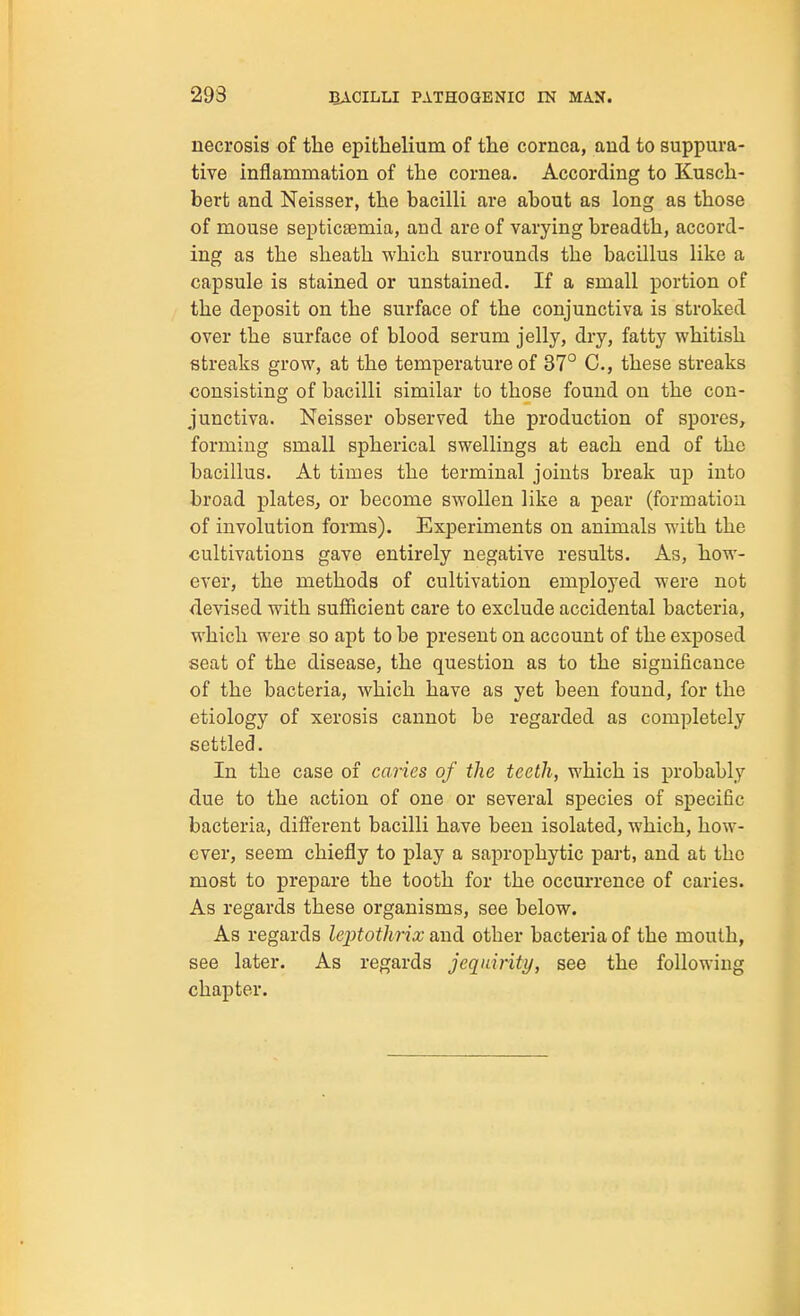 293 necrosis of the epithelium of the cornea, and to suppura- tive inflammation of the cornea. According to Kusch- bert and Neisser, the bacilli are about as long as those of mouse septicaemia, and are of varying breadth, accord- ing as the sheath which surrounds the bacillus like a capsule is stained or unstained. If a small portion of the deposit on the surface of the conjunctiva is stroked over the surface of blood serum jelly, dry, fatty whitish streaks grow, at the temperature of 37° C, these streaks consisting of bacilli similar to those found on the con- junctiva. Neisser observed the production of spores, forming small spherical swellings at each end of the bacillus. At times the terminal joints break up into broad plates, or become swollen like a pear (formation of involution forms). Experiments on animals with the cultivations gave entirely negative results. As, how- ever, the methods of cultivation employed were not devised with sufficient care to exclude accidental bacteria, which were so apt to be present on account of the exposed seat of the disease, the question as to the significance of the bacteria, which have as yet been found, for the etiology of xerosis cannot be regarded as completely settled. In the case of caries of the teeth, which is probably due to the action of one or several species of specific bacteria, different bacilli have been isolated, which, how- ever, seem chiefly to play a saprophytic part, and at the most to prepare the tooth for the occurrence of caries. As regards these organisms, see below. As regards leptothrix and other bacteria of the mouth, see later. As regards jequirity, see the following chapter.