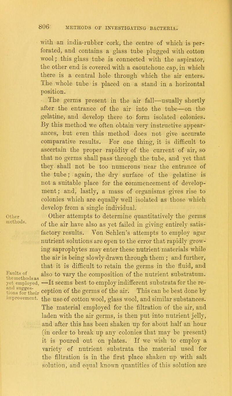 with an india-rubber cork, the centre of which is per- forated, and contains a glass tube plugged with cotton wool; this glass tube is connected with the aspirator, the other end is covered with a caoutchouc cap, in which there is a central hole through which the air enters. The whole tube is placed on a stand in a horizontal position. The germs present in the air fall—usually shortly after the entrance of the air into the tube—on the gelatine, and develop there to form isolated colonies. By this method we often obtain very instructive appear- ances, but even this method does not give accurate comparative results. For one thing, it is difficult to ascertain the proper rapidity of the current of air, so that no germs shall pass through the tube, and yet that they shall not be too numerous near the entrance of the tube; again, the dry surface of the gelatine is not a suitable place for the commencement of develop- ment ; and, lastly, a mass of organisms gives rise to colonies which are equally well isolated as those which develop from a single individual. Otiicr Other attempts to determine quantitatively the germs methodb. ^j^^ ^-j. j^^^^^ ^-^^^ failed in giving entirely satis- factory results. Von Sehlen's attempts to employ agar nutrient solutions are open to the error that rapidly grow- ing saprophytes may enter these nutrient materials while the air is being slowly drawn through them ; and further, that it is difficult to retain the germs in the fluid, and Faults of q\^q to vary the composition of the nutrient substratum. thcmethodsas i.t«. yet employed, —It seems best to employ mdifl^erent substrata lor the re- tkms for their ception of the germs of the air. This can be best done by improvement, tj^e use of cotton wool, glass wool, and similar substances. The material employed for the filtration of the air, and laden with the air germs, is then put into nutrient jelly, and after this has been shaken up for about half an hour (in order to break up any colonics that may be present) it is poured out on plates. If wc wish to employ a variety of nutrient substrata the material used for the filtration is in the first place shaken up with salt solution, and equal known quantities of this solution are