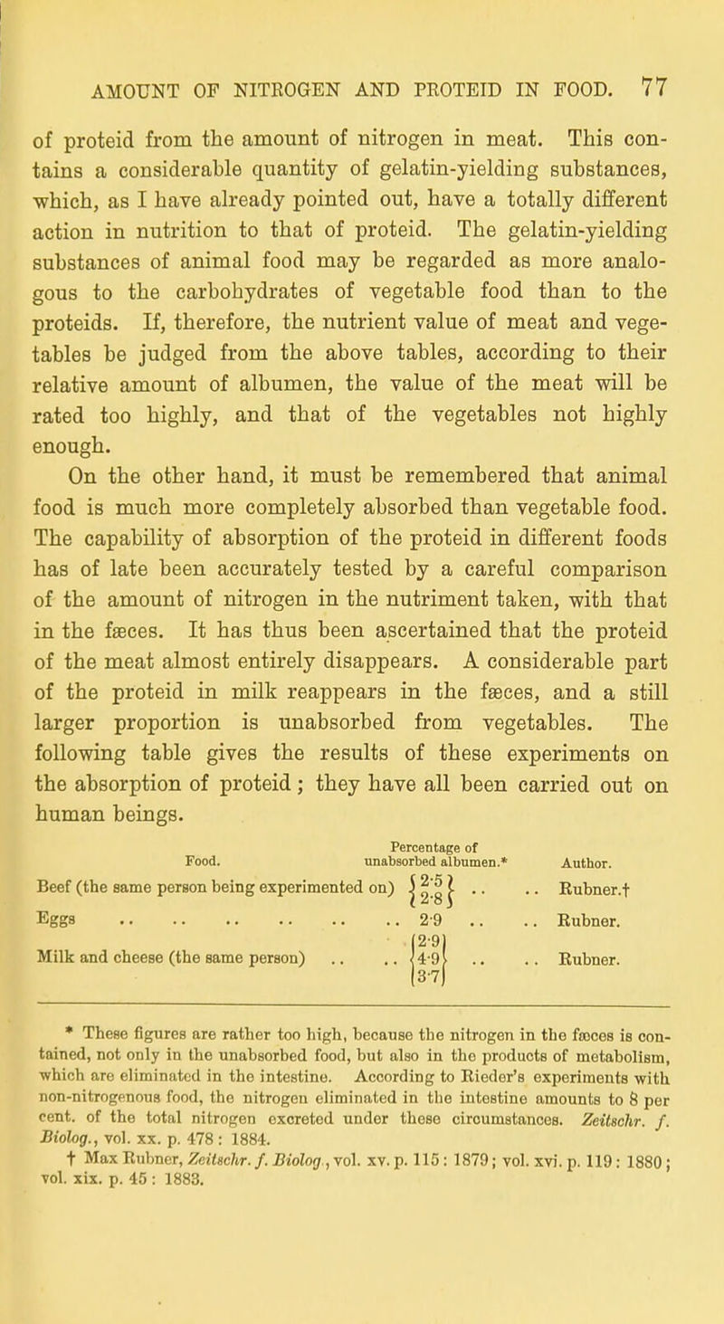 of proteid from the amount of nitrogen in meat. This con- tains a considerable quantity of gelatin-yielding substances, •which, as I have already pointed out, have a totally different action in nutrition to that of proteid. The gelatin-yielding substances of animal food may be regarded as more analo- gous to the earbobydrates of vegetable food than to the Proteids. If, therefore, the nutrient value of meat and vege- tables be judged from the above tables, according to their relative amount of albumen, the value of the meat will be rated too highly, and that of the vegetables not highly enough. On the other band, it must be remembered that animal food is much more completely absorbed than vegetable food. The capability of absorption of the proteid in different foods has of late been accurately tested by a careful comparison of the amount of nitrogen in the nutriment taken, with that in the fseces. It has thus been ascertained that the proteid of the meat almost entirely disappears. A considerable part of the proteid in milk reappears in the fseces, and a still larger proportion is unabsorbed from vegetables. The foUowing table gives the results of these experiments on the absorption of proteid; they have all been carried out on human beings. Percentage of Food. unabsorbed albumen.* Author. Beef (the same person being experimented on) 12-8}  ' -^^^ii^^-t Egg8 2-9 ., .. Rubner. (2-9| Milk and cbeese (the same person) .. ,. <4-9V .. .. Rubner. • These flgures are rather too high, becanse the nitrogen in the fsoces is con- tained, not only in the unabsorbed food, but also in the produots of metabolism, ■which are eliminated in tho intestine. According to Rieder's experiments with non-nitrogenou8 food, the nitrogen eliminated in the intestine amounts to 8 per Cent, of the total nitrogen excretod under these circumstances. Zeüschr. f. Biolog., vol. XX. p. 478 : 1884. t Max Rubner, Zeüschr. f. Biolog., vol. xv. p. 115: 1879; vol. xvi. p. 119: 1880; vol. xix. p. 45 : 1883.