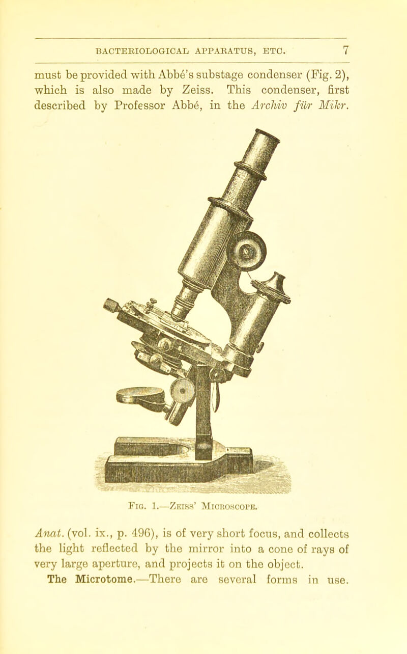 must be provided with Abbe's substage condenser (Fig. 2), which is also made by Zeiss. This condenser, first described by Professor Abbe, in the Archiv fiir Mikr. Fig. 1.—Zeiss' Miorosoope. Anat. (vol. ix., p. 496), is of very short focus, and collects the light reflected by the mirror into a cone of rays of very large aperture, and projects it on the object. The Microtome.—There are several forms in use.