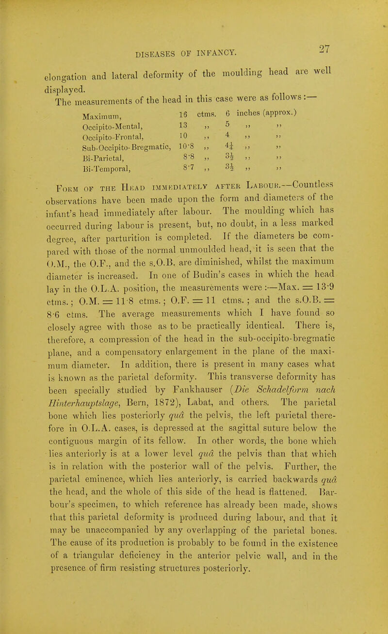 elongation and lateral deformity of the moulding head are well di.splayod. The measurements of the head in this case were as follows Maximum, 16 ctms. 6 inches (approx.) Occipito-Mental, 13 5 ,, j) Occipito-Frontal, 10 4 ,, ,, Sub-Occipito- Bregmatic, 10-8 ,, 4|: ,) )> Bi-Parietal, 8-8 „ 3^ ,, j > Bi-Temporal, 8-7 ,, ^2 )) >> Fokm of the Head immediately after Labouu.—Countless observations have been made upon the form and diameters of the infant’s head immediately after labour. The moulding which has occurred during labour is present, but, no doubt, in a less marked degree, after parturition is completed. If the diameters be com- pared with those of the normal unmoulded head, it is seen that the O.M., the O.F., and the s.O.B. are diminished, whilst the maximum diameter is increased. In one of Budin’s cases in which the head lay in the O.L.A. po.sition, the measurements were :—Max. =: 13-9 ctms.; O.M. = 11-8 ctms.; O.F. = 11 ctms. ; and the s.O.B. = 8-6 ctms. The average measurements which I have found so closely agree with those as to be practically identical. There is, therefore, a compression of the head in the sub-occipito-bregmatic plane, and a compensatory enlargement in the plane of the maxi- mum diameter. In addition, there is present in many cases what is known as the parietal deformity. This transver.se deformity has been specially studied by Fankhauser [Die Schadelform nach Hinterhauptslage^ Bern, 1872), Labat, and others. The parietal bone which lies posteriorly qud the pelvis, the left parietal there- fore in O.L.A. cases, is depressed at the sagittal suture below the contiguous margin of its fellow. In other words, the bone which lies anteriorly is at a lower level qud the pelvis than that which is in relation with the posterior wall of the pelvis. Further, the parietal eminence, which lies anteriorly, is carried backwards qud the head, and the whole of this side of the head is flattened. Bar- bour’s .specimen, to which reference has already been made, shows that this parietal deformity is produced during labour, and that it may be unaccompanied by any overlapping of the parietal bones. The cause of its production is probably to be found in the existence of a triangular deficiency in the anterior pelvic wall, and in the presence of firm resisting structures posteriorly.
