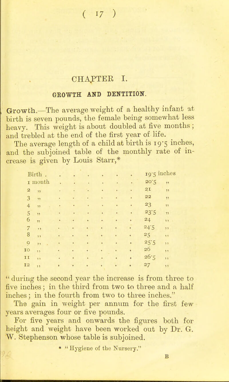 CHA^PTER I. GEOWTH AND DENTITION. Growth.—The average weight of a healthy infant at birth is seven pounds, the female being somewhat less heavy. This weight is about doubled at five months ; and trebled at the end of the first year of life. The average length of a child at birth is 19-5 inches, and the subjoined table of the monthly rate of in- crease is given by Louis Starr,* Birth . • • 19-5 inches I mouth 20’S „ 2 n 21 3 D 22 „ 4 23 5 23‘5 » 6 24 11 7 • 24'5 8 »» • 25 0 Ji . ♦ 2S'S .. 10 t J • 26 ,, II 11 • 26-5 ,, 12 >» • 27 ). “ during the second year the increase is from three to five inches; in the third from two to three and a half inches; in the fourth from two to three inches.” The gain in weight per annum for the first few years averages four or five pounds. For five years and onwards the figures both for height and weight have been worked out by Dr. G. W. Stephenson whose table is subjoined. * “ Hygiene of the Nursery.” B