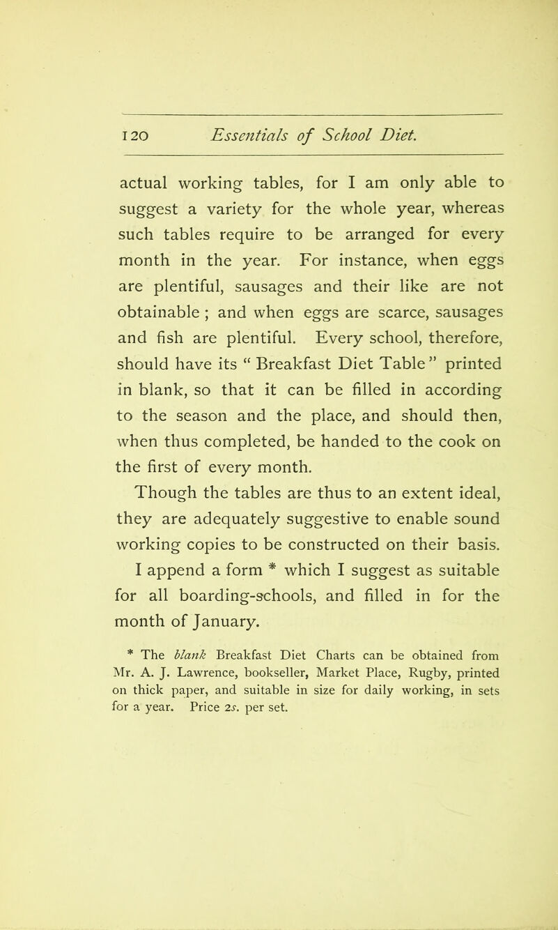 actual working tables, for I am only able to suggest a variety for the whole year, whereas such tables require to be arranged for every month in the year. For instance, when eggs are plentiful, sausages and their like are not obtainable ; and when eggs are scarce, sausages and fish are plentiful. Every school, therefore, should have its Breakfast Diet Table printed in blank, so that it can be filled in according to the season and the place, and should then, when thus completed, be handed to the cook on the first of every month. Though the tables are thus to an extent ideal, they are adequately suggestive to enable sound working copies to be constructed on their basis. I append a form * which I suggest as suitable for all boarding-schools, and filled in for the month of January. * The blank Breakfast Diet Charts can be obtained from Mr. A. J. Lawrence, bookseller, Market Place, Rugby, printed on thick paper, and suitable in size for daily working, in sets for a year. Price 2s. per set.