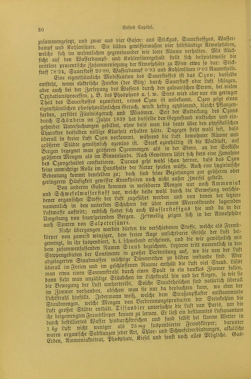 gQ ®rfte§ ßapltcl. luiannucnaefeijt, unb ^mx aug tiier ®ajen: au§ (Btid^a^ ©auer toffgag, Saffcr» bainpf imb mmtxnu. ©te t-itben geraiffermaBen öier jclbflanbigc Sltmojüfjarcn, lüctdie fidi im iuefentlidien gegeneinanbcr ii^ie Iccre 9^äumc üerl)aUen. yjht ymct* fid)t au ben äßaffei-bampf^ unb ^ol)Ienfäuregel)aIt [teüt beifpic(§wciie bie mittlere m-ocentUdie Bujammenfetjung bcr 2ltmojpl)äre ju Sten ettra jo bar: ©tid-^ fto 78-24, ©auerftoft 20-80, Sffiafferbampf 0-93 unb ^of)Ienfäure 0;03 9laumt()ede. eine eigentt)ümüd)C a)2obincation be§ ©auerftoffeg Ut ba§ Däon; ba§ielbe entflebt n^enn elettriid)e ^unlen (ber mHi) burd) ©auerftoff ober ?uft Jd)lag n, aber auA bei ber ße feljung beg Söafterg burd, ben galüanifdjen ©trom, bet mcten SbSgöroceffen a k beg ^bogöt,org u. \. ro. ©tetö wirb aber nur em germger ? il bef S Stf^ OäoniÄ reineg Dgon ift unbefannt D^on geigt etnen el SpiuH^en^ »«u-ft t)eftig ^i'^^r^^A ?Ä arber äer^ört ^äutaiägem^^ 3J^ia§men. ©eit ber ©ntbedung beg n^ buidi ©ä)bnbein im fcaljre 1839 l)at baSfetbe ben©egenftanb metfac^er unb e^n-^ ge enb® Urrfuc^ungen^gibilbet, ot)ne ba,', man big Deute ü^^r ^en j l)it al,^^^^^^ ebarafter beäfelben t)öüige Mar^eit erhalten ()ätte. !3:)agegen ftel)t f'ol^ ^It, ba^g Sa in fre er Suft d'ou öorlommt, raät)renb bie Suft &en)oDnter 9^aume unb or ©S geiiötin id) ogonlog ift. ©tart ogonDältig ift bte äöatbtuft, a SeTbfaegnet Sn grö&e^^^^ at§ in ber @bene an ber ©eefuil fröfieren linnenlanbe. 9^a% ©etrittern läfgt fid, ftetg eme 3unat,me SnSl eg conftatieren. ©araug ge^t too^l fd)on l,ert)or, bafg bag D on Mne mStke^ ^at^ ^'^ eine tjjgteimi^e IXutunf m?SÄ m bod, finb feineJBeaieDungen jur gro eren ober Derütaeren ©äufioMt geiuiffer ^ranf^eiten nod) nic^t außer 3»eifet Qef eUt ^ Son Sren Vafen in mefgbaren aJiengen nur nod)_2lmmoniat unb iS^lMM ^or, tKld^e ftbe ^ot,I bur^ ''^J'SriX üTefTineÄ,Se tgir ^ IrÄa^n'^erblr^^^^^^ bie «erf^iebenen ©toffe, toetd^e atgjremb. man etma etnen ©onnenftrat) fo iie fi^ ©tailbmengen, U)etd)e ^«enge^ bon a>e b -«^^^^^^^^ ba 9^^^^ ^.^ ?uft großer ©täbte enthält, ^/ff'^^^ f ,p ^n % «uftquantum i^r beigemengten ^rembförper Rennen äu era '^^^t^^. i„ 5t r'.irÄ.nf'H'Ä^ SIS