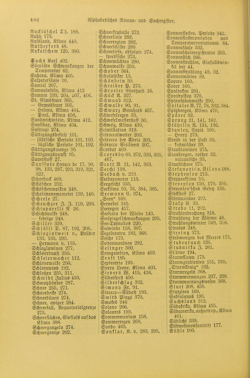 9iucftiifd)cl XI). 188. dhü)\i 173. ahtfälanb, Sliiim UO. 3{utI)crforb 48. 9{l)Eatfi^etö 125, 380. @ad)S M 402. (gäciiläre @d)tuantiiiigeit ber Kemperatiir 62. Saöara, Mima 405. ©alpeteri'nure 30. Samiel 207. (Snntoainfeln, Slinia 412 ©aminn 193, 204, z07, 406. (St. ®lm§feuer 305. — ®rmu2feiter 305. — öetena, Sltnia 404. — SPaitl, S?Iima 458. (Sanbtoid)infe(n, Slima 412. Sanftbar, SJlima 404. (Saflritgt 274. (Sättiguiig§beftdt 101. — iä^rltdie 5Beriobe 101,103. — täglidie Sßertobe 101,102. ©ätttgungSmenge 95. (Sättigunq§l3iin!t 95. (Sauerftoff 27. 8aiilfure öorace be 17, 90, 98, 133, 287, 293, 319, 321, 322. ©dinrbocf 469. ©dicifdien 252. (3c^äfd)enlüoIEen 248. (Sdialenanemomcter 139,140. (Sd)eete 27. @d)eu^äer 3. g. 110, 293. @d)iat)arent 5^ 26. (Sd)itf)ttüDlEc 248. — febrige 248. 8d)iller 329. ©diläfli ®. 87, 192, 208. ©cölagintfficit D., 23ritber 133, 135, 293. — ^ermann ö. 133. ©(^lagtatDinen 277. <Sd)teierbunft 250. ©d}Ietermad)er 112. @(ä)Ieterti)DlEe 250. (3d)Ierntoinb 192. ©dilDfeeii 25.5, 311. (Sd)mibt Suliit§ 430. (Sdjttiu^bänber 287. ©dinee 255, 271. (Sdjneebfdfe 274. (Sd)neebünert 274. (Sd)nee, etüiger 284. ®d)iieefaE, Slequatorialgrenäe 273. Sd)necfläd)en, ©tnflufS auf ba§ mima 388. @d)neegangeln 274. ©c^necgrenäe 282. @d)iieefvl)naUe 272. iSdjiieelinie 282. ©djneeregion 282. ®d)nccfd)ilbc 280. @d)iieetiefe, abfohlte 274. — fpecififd)e 273. @d)neelöäd)ten 280. ©djneciBoIEc 250. ©d)Dber 364. ©diotaftiter 13. ©d}öiibcin 30. (Sd) reib er % 273. ©diroeter (£-berI)arb 16. @d)iic! 21. 227. @d)iuaab 312. ©dötoalbe 90, 91. ©ditoarg Sern^^arb 457. @d)toefelregeit 33. ©d)tüefcIlönfferftoff 30. ©d)tt)ei3, mima 439. ©cintißation 319. ©ciroccalmetter 203. ©cirocco ber 2lbria 203. (gcirocco @ictlten§ 207. «Scorbut 469. @core§b^ 63, 272, 333, 335, 467. Scott 31. 21, 142, 363. ©ec(^i 118. (Seebad) ü. 213. (Seebarometer 113. (Seegefic^t 335. (Seeflima 53, 76, 384, 385. (Seemann S, 374. „@eeu 169. (Seenebel 245. ©eeregen 457. (Seefcala ber SBiabe 143. (Seefbiegelfc^toanfungen 295. (Sce=IornabD§ 220. (Seetoinbe 158, 397. (Segelrouten 183, 368. @et($e 173. (Seitenmoränen 292. ©eltnger 300. (Senegambien, ^lima 403. @euft 185. (Septentrto 193. (Sierra Seone, Mima 403. (Sieb er § 2B. 415, 416. (Silberfroft 450. ©ilberfdölag 332. ©imont) i^v. 91. (Sirocco=@üboft 193. (Smitf) ^piaäai 370. ©moEe§ 246. (Solano 206. ©olaureS 193. ©ommermoufum 158. ©ommerregcn 268. ©oiibo 463. ©outlar, b. 283, 295. (Sonneuflecfen, ^J^eriobe 342. ©ounenftccfenperiobeu unb SemperaturDariotionen 64. ©ouueufäule 332. ®oiiuenfd)einrcgiftrator 253. ©onnenftid) 396. ®ounenftrat)len, @infall§h)in= Eel ber 44. ©onucnftra{)Iung 49, .52. ©onnentDärnie 39. ©opero 160. ©ober 160. ©paltecfen 281. ©pectroffop 370. ©pinnfabentuolte 250. ©pitaler 31.77, 78, 332, 384. ©piöbergen, Stüma 470. ©pörer 92. ©prung 21, 141, 162. ©tätjelin 31. 131, 136. ©tanlet), Sapit. 169. - <Qfurl) 273. ©taub in ber Suft 30. - fogmifd)er 33. ©taubtatBinen 275. ©taubregen, rotber 32. - Dukanifdie 33. ©taubfdinee 275. ©tefanobicü. Öilobo 188. Stept)enfon 213. ©teppeutitma 53. ©teoenfon 150, 170, 259. ©tebenfon'f(^eä <St\t^ 150. ©titfftoff 27. ©tirnmoräne 292. ©tolp S?. 33. ©trabo 11, 202. ©tra^tenbred)ung 318. ©trabUiug ber SBärme 48. ©tra^Iunggtüinter 349, 358. ©tratuS 248. ©treiufe 373. ©trömnngen bea 2Jleere§ 173. ©tubenraud) 326. ©tubnicEa 5. 261. ©türme 194. ©turmfluten 173. ©turmgrabicnteu 151, 195. „©turmtöitig 232. (Sturmrcgeln 368. ©turmmaruungeu 237, 238. ©turmtoarnuugStBefen 368. ©turt 208, 458. ©turgieen 169. ©ubfoIanuS 193. ©ud)§Ianb 312. ©iibafrita, S?linia 455. ©übamerita, außertrop., Sflima 461. ©üblic^t 339. ©übtueftmonfuutrift 177. ©üble 100.