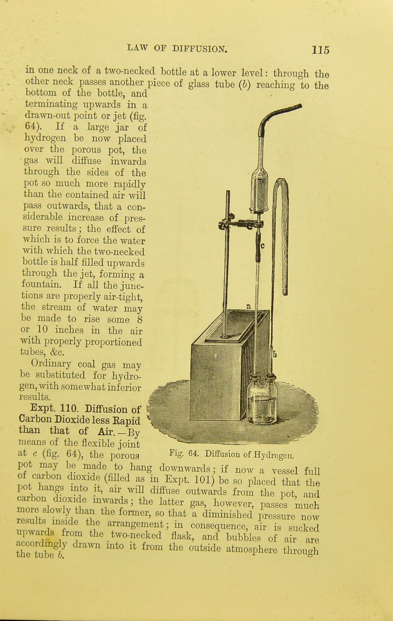 in one neck of a two-necked bottle at a lower level: thi-ough the other neck passes another piece of glass tube (b) reaching to the bottom of the bottle, and terminating upwards in a drawn-out point or jet (fig. 64). If a large jar of hydrogen be now placed over the porous pot, the gas will diffuse inwards through the sides of the pot so much more rapidly than the contained air will pass outwards, that a con- siderable increase of pres- sure results; the effect of which is to force the water with which the two-necked bottle is half filled upwards through the jet, forming a fountain. If aU the junc- tions are properly air-tight, the stream of water may be made to rise some 8 or 10 inches ia the air with properly proportioned tubes, &c. Ordinary coal gas may be substituted for hydro- gen, with somewhat inferior results. Expt. 110. Diffusion of Carbon Dioxide less Eapid than that of Air.—By means of the flexible joint at c (fig. 64), the porous pot may be made to ha..^ ..vv..w.xu«, now a vessel fuU of carbon dioxide (filled as in Expt. 101) be so placed that Se pot hangs mto it, air wiU diffuse outwards froA the pot and carbon dioxide inwards; the latter gas, however passes muob more slowly than the former, so that 'a diminished p'ressiLTot results mside the airangement; in consequence, air is sucked upwards from the two-necked flask, and bubbles of a r are Ihelt^ef atmosphere thro^h Fig. 64. Diffusion of Hydrogen, hang downwards; if now a vessel full