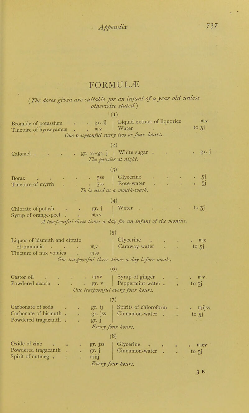 FORMULA {The doses given are suitable for an infa^it of a year old unless otherwise stated.) (I) Bromide of potassium . . gr- ij Liquid extract of liquorice ui Tincture of hyoscyamus . . itiv Water . to 5J One tcaspoonful every two or four hours. Calomel . Borax Tincture of myrrh (2) . gr. ss-gr. j I White sugar The pozvder at night. (3) . 5SS Glycerine . . 5SS Rose-water To be used as a mouth-wash. ■ gr- j • 5j • Bj (4) Chlorate of potash . . gr. j Syrup of orange-peel . . ittxv A teaspoonful three times Water .... a day for an hifant of six months. to 5j (5) Liquor of bismuth and citrate of ammonia . . . iRv Tincture of nux vomica . iitss | One teaspoonful three times a day before 7ueals. Glycerine Caraway-water Castor oil Powdered acacia Carbonate of soda Carbonate of bismuth Powdered tragacaiith Oxide of zinc Powdered tragacanth Spirit of nutmeg . (6) . Ittxv I Syrup of ginger . gr. V I Peppermint-water . One teaspoonful every four hours. (7) gr- ij gr. jss gr- j Every four hours. Spirits of chloroform Cinnamon-water . (8) gr. JSS gr. j miij Every four hours. Glycerine Cinnamon-water . itlx to 5j . ttiv to 3j . irtijss to 3j . nixv to 5j 3 B