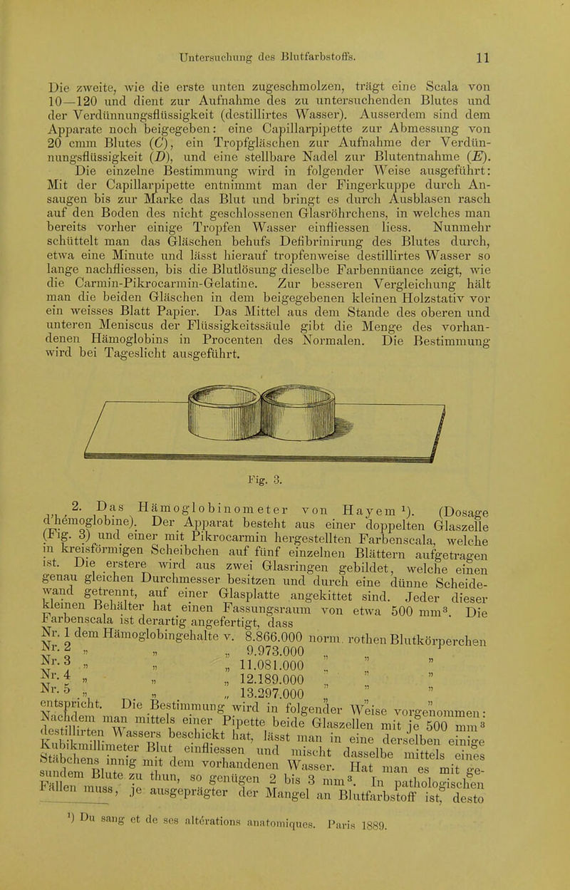 Die zweite, wie die erste unten zugeschmolzen, trägt eine Scala von 10—120 und dient zur Aufnahme des zu untersuchenden Blutes und der Verdünnungsflüssigkeit (destillirtes Wasser). Ausserdem sind dem Apparate noch beigegeben: eine Capillarpipette zur Abmessung von 20 cmm Blutes (C), ein Tropfgläschen zur Aufnahme der Verdün- nungsflüssigkeit (D), und eine stellbare Nadel zur Blutentnahme (JS). Die einzelne Bestimmung wird in folgender Weise ausgeführt: Mit der Capillarpipette entnimmt man der Fingerkuppe durch An- saugen bis zur Marke das Blut und bringt es durch Ausblasen rasch auf den Boden des nicht geschlossenen Glasröhrchens, in welches man bereits vorher einige Tropfen Wasser einfliessen Hess. Nunmehr schüttelt man das Gläschen behufs Defibrinirung des Blutes durch, etwa eine Minute und lässt hierauf tropfenweise destillirtes Wasser so lange nachfliessen, bis die Blutlösung dieselbe Farbennüance zeigt, wie die Carmin-Pikrocarmin-Gelatine. Zur besseren Vergleichung hält man die beiden Gläschen in dem beigegebenen kleinen Holzstativ vor ein weisses Blatt Papier. Das Mittel aus dem Stande des oberen und unteren Meniscus der Flüssigkeitssäule gibt die Menge des vorhan- denen Hämoglobins in Procenten des Normalen. Die Bestimmung wird bei Tageslicht ausgeführt. Fig. 3. Hämoglobinometer von Hayem i). (Dosage d hemoglobine). Der Apparat besteht aus einer doppelten Glaszelle (J^ig. und emer mit Pikrocarmin hergestellten Farbenscala, welche in kreisförmigen Scheibchen auf fünf einzelnen Blättern aufgetragen ist. Die erstere wird aus zwei Glasringen gebildet, welche einen genau gleichen Durchmesser besitzen und durch eine dünne Scheide- wand getrennt, auf einer Glasplatte angekittet sind. Jeder dieser kleinen Behälter hat einen Fassungsraum von etwa 500 mm^ Die i arbenscala ist derartig angefertigt, dass Nr. 1 dem Hämoglobingehalte v. 8.866.000 norm, rothen Blutkörperchen S^'-^   „ 9.973.000 „ ^ „ „ ;; 11.081.000 :: ^J-j » „ 12.189.000  ■^^•^ .. « „ 13.297.000 entspricht. Die Bestimmung wird in folgender Weise vorgenommen- Nachdem man mittels einer Pipette beide Glaszellen mit 500 mm« SwimYt:? t''fl-^' ^'-^^ dersllben eS ge Kubikmillimeter Blut emfliessen und mischt dasselbe mittels eines ^und'em Bir'^ 11' -^handenen Wasser. Hat man e mirg t f'''f .^r ^'^ 3 mm 3. In pathologischen J!!!'' je ausgeprägter der Mangel an BlutferbstofF ist^ desto ^) Du sang et de scs altörations anatomiques. Paris 1889.