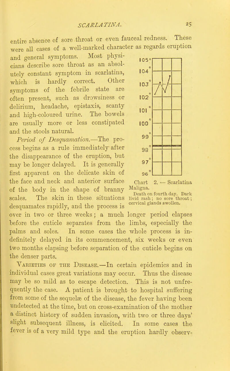 I05< 104 103 102 101 100 99 99 97 96 TV / entire absence of sore throat or even fauceal redness. These were aU cases of a well-marked character as regards eruption and general symptoms. Most physi- cians describe sore throat as an absol- utely constant symptom in scarlatina, which is hardly correct. Other symptoms of the febrile state are often present, such as drowsiness or delirium, headache, epistaxis, scanty and high-coloured urine. The bowels are usually more or less constipated and the stools natural. Period of Desquamation.—The pro- cess begins as a rule immediately after the disappearance of the eruption, but may be longer delayed. It is generally first apparent on the delicate skin of the face and neck and anterior surface of the body in the shape of branny scales. The skin in these situations desquamates rapidly, and the process is over in two or three weeks; a much longer period elapses before the cuticle separates from the limbs, especially the palms and soles. In some cases the whole process is in- definitely delayed in its commencement, six weeks or even two months elapsing before separation of the cuticle begins on the denser parts. Varieties of the Disease.—In certain epidemics and in individual cases great variations may occur. Thus the disease may be so mild as to escape detection. This is not unfre- quently the case. A patient is brought to hospital sufi'ering from some of the sequelae of the disease, the fever having been undetected at the time, but on cross-examination of the mother a distinct history of sudden invasion, with two or three days' slight subsequent illness, is elicited. In some cases the fever is of a very mild type and the eruption hardly observ- 2. — Scarlatina Chart Maligna. Death on fourth day. Dark livid rash; no sore throat; cervical glands swollen.