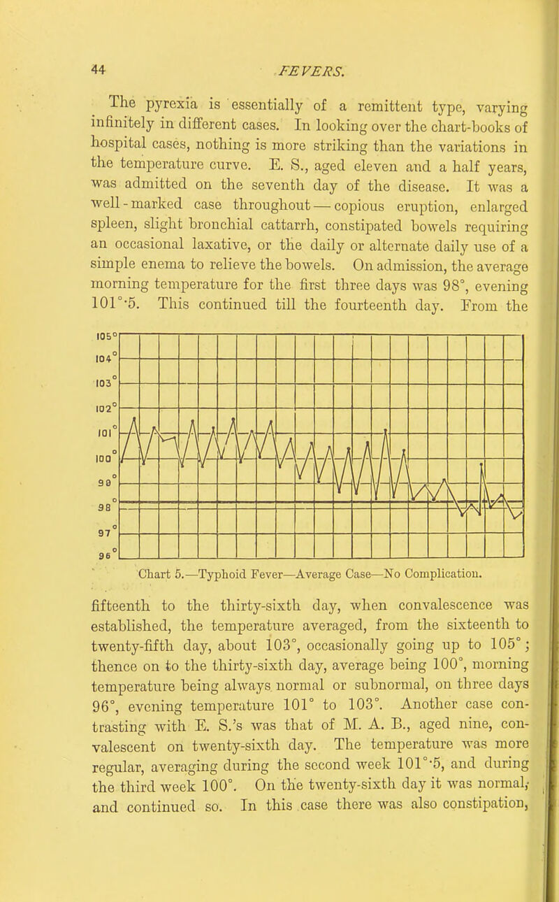 The pyrexia is essentially of a remittent type, varying inHnitely in different cases. In looking over the chart-books of hospital cases, nothing is more striking than the variations in the temperature curve. E. S., aged eleven and a half years, was admitted on the seventh day of the disease. It was a well-marked case throughout — copious eruption, enlarged spleen, slight bronchial cattarrh, constipated bowels requiring an occasional laxative, or the daily or alternate daily use of a simple enema to relieve the bowels. On admission, the average morning temperature for the first three days was 98°, evening 101°-5. This continued till the fourteenth day. From the 105° Chart 5.—Typhoid Fever—Average Case—No Complicatiou. fifteenth to the thirty-sixth day, when convalescence was established, the temperature averaged, from the sixteenth to twenty-fifth day, about 103°, occasionally going up to 105°; thence on to the thirty-sixth day, average being 100°, morning temperature being always normal or subnormal, on three days 96°, evening temperature 101° to 103°. Another case con- trasting with E. S.'s was that of M. A. B., aged nine, con- valescent on twenty-sixth day. The temperature was more regular, averaging during the second week 101°'5, and during the third week 100°. On the twenty-sixth day it was normal,- and continued so. In this case there was also constipation,