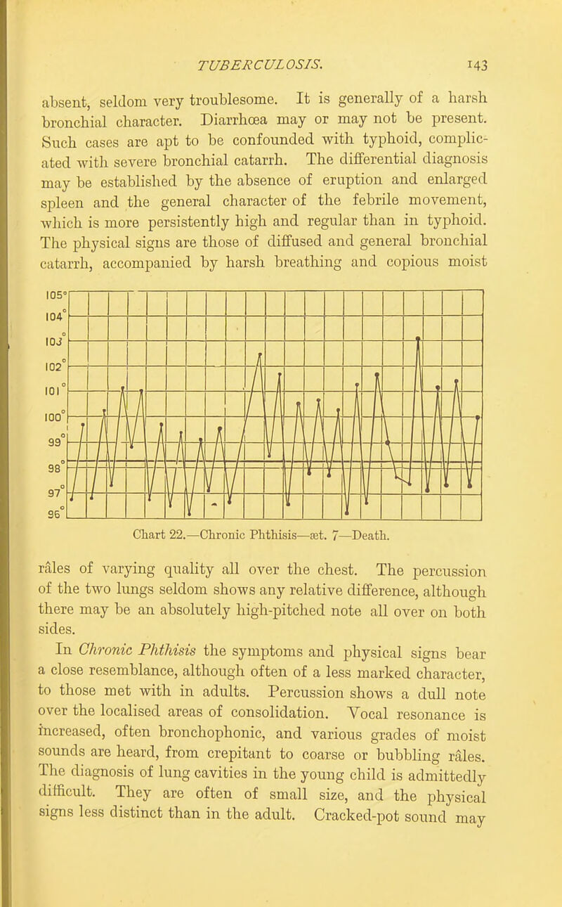 absent, seldom very troublesome. It is generally of a harsh bronchial character. Diarrhoea may or may not be present. Such cases are apt to be confounded with typhoid, complic- ated with severe bronchial catarrh. The differential diagnosis may be established by the absence of eruption and enlarged spleen and the general character of the febrile movement, Avhich is more persistently high and regular than in typhoid. The physical signs are those of diffused and general bronchial catarrh, accompanied by harsh breathing and copious moist 105° 104° Chart 22.—Chronic Phthisis—set. 7—Death. rales of varying quality all over the chest. The percussion of the two hmgs seldom shows any relative difference, although there may be an absolutely high-pitched note all over on both sides. In CA? 'onic Phthisis the symptoms and physical signs bear a close resemblance, although often of a less marked character, to those met with in adults. Percussion shows a dull note over the localised areas of consolidation. Vocal resonance is increased, often bronchophonic, and various grades of moist sounds are heard, from crepitant to coarse or bubbling rales. The diagnosis of lung cavities in the young child is admittedly difficult. They are often of small size, and the physical signs less distinct than in the adult. Cracked-pot sound may