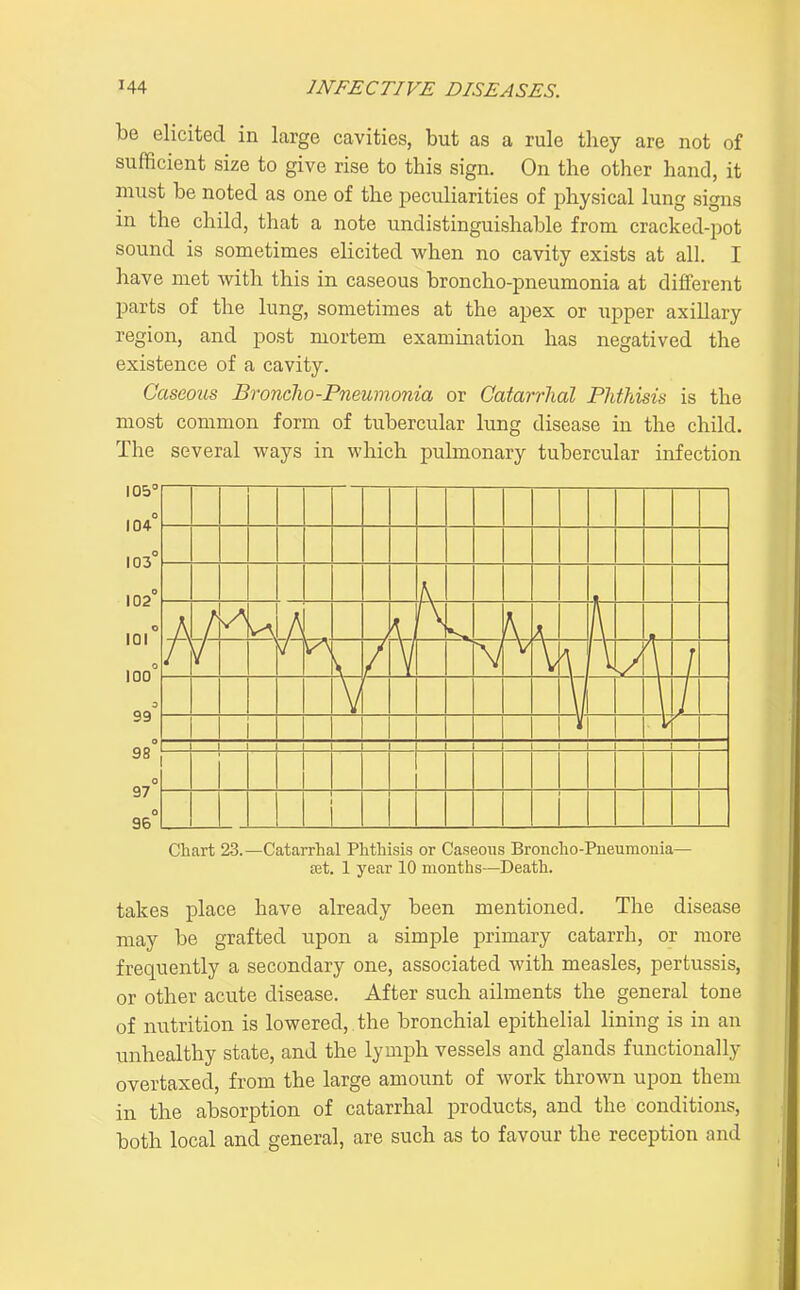 be elicited in large cavities, but as a rule they are not of sufficient size to give rise to this sign. On the other hand, it must be noted as one of the peculiarities of physical lung signs in the child, that a note undistinguishable from cracked-pot sound is sometimes elicited when no cavity exists at all. I have met with this in caseous broncho-pneumonia at different parts of the lung, sometimes at the apex or upper axillary region, and post mortem examination has negatived the existence of a cavity. Caseoas BroncJio-Pneumonia or Catarrhal Phthisis is the most common form of tubercular lung disease in the child. The several ways in which pulmonary tubercular infection 105° I 1 1 1 i 104° i 103° Chart 23.—Catarrhal Phthisis or Caseous Broncho-Pneumonia— jEt. 1 year 10 months—Death. takes place have already been mentioned. The disease may be grafted upon a simple primary catarrh, or more frequently a secondary one, associated with measles, pertussis, or other acute disease. After such ailments the general tone of nutrition is lowered, the bronchial epithelial lining is in an unhealthy state, and the lymph vessels and glands functionally overtaxed, from the large amount of work thrown upon them in the absorption of catarrhal products, and the conditions, both local and general, are such as to favour the reception and