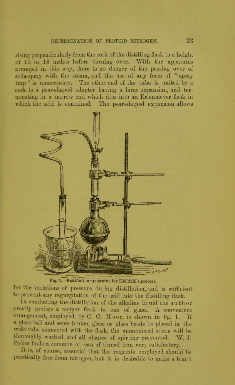 rising perpendicularly from the cork of the distilling flask to a height of 15 or IS inches before turning over. With the apparatus arranged in this way, there is no danger of the passing over of soda-spray with the steam, and the use of any form of “ spray trap ” is unnecessary. The other end of the tube is united by a cork to a pear-shaped adapter having a large expansion, and ter- minating in a narrow end which dips into an Erlenmeyer flask in which the acid is contained. The pear-shaped expansion allows Fig. 1.— Bistillation apparatus for KjeldahFs process. for the variations of pressure during distillation, and is sufficient to prevent any regurgitation of the acid into the distilling flask. In conducting the distillation of the alkaline liquid the author greatly prefers a copper flask to one of glass. A convenient arrangement, employed by C. Gr. Moor, is shown in fig. 1. If a glass ball and some broken glass or glass beads be placed in the wide tube connected with the flask, the ammoniacal steam will be thoroughly washed, and all chance of spirting prevented. W. J. Hykes finds a common oil-can of tinned iron very satisfactory. It is, of course, essential that the reagents employed should he practically free from nitrogen, but it is desirable to make a blank