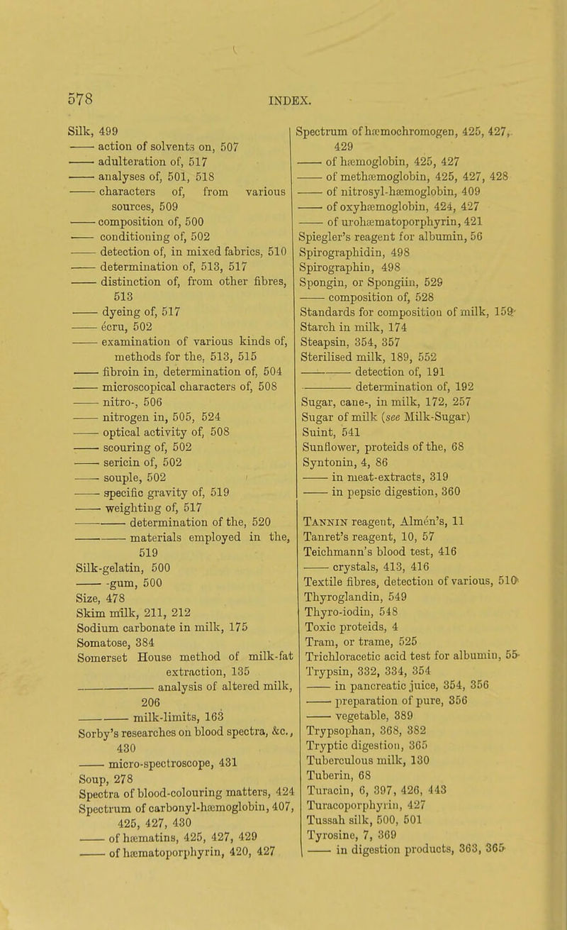 Silk, 499 action of solvents on, 507 adulteration of, 517 analyses of, 501, 518 characters of, from various sources, 509 composition of, 500 • conditioning of, 502 detection of, in mixed fabrics, 510 determination of, 513, 517 distinction of, from other fibres, 513 dyeing of, 517 ecru, 502 —— examination of various kinds of, methods for the. 513, 515 fibroin in, determination of, 504 microscopical characters of, 508 nitro-, 506 nitrogen in, 505, 524 optical activity of, 508 scouring of, 502 sericin of, 502 souple, 502 specific gravity of, 519 weighting of, 517 determination of the, 520 materials employed in the, 519 Silk-gelatin, 500 gum, 500 Size, 478 Skim milk, 211, 212 Sodium carbonate in milk, 175 Somatose, 384 Somerset House method of milk-fat extraction, 135 analysis of altered milk, 206 milk-limits, 163 Sorby’s researches on blood spectra, &c., 430 micro-spectroscope, 431 Soup, 278 Spectra of blood-colouring matters, 424 Spectrum of carbonyl-hrumoglobin, 407, 425, 427, 430 of hcematins, 425, 427, 429 of heematoporphyrin, 420, 427 Spectrum of hrcmochromogen, 425, 427, 429 of hemoglobin, 425, 427 of methaemoglobin, 425, 427, 428 of nitrosyl-hffimoglobin, 409 of oxyhemoglobin, 424, 427 of urohaematoporphyrin, 421 Spiegler’s reagent for albumin, 56 Spirographidin, 498 Spirographin, 498 Spongin, or Spongiin, 528 composition of, 528 Standards for composition of milk, 159- Starch in milk, 174 Steapsin, 354, 357 Sterilised milk, 189, 552 detection of, 191 determination of, 192 Sugar, cane-, in milk, 172, 257 Sugar of milk (see Milk-Sugar) Suint, 541 Sunflower, proteids of the, 68 Syntonin, 4, 86 in meat-extracts, 319 in pepsic digestion, 360 Tannin reagent, Almen’s, 11 Tanret’s reagent, 10, 57 Teichmann’s blood test, 416 crystals, 413, 416 Textile fibres, detection of various, 510' Thyroglandin, 549 Thyro-iodin, 548 Toxic proteids, 4 Tram, or trame, 525 Trichloracetic acid test for albumin, 55- Trypsin, 332, 334, 354 in pancreatic juice, 354, 356 preparation of pure, 356 vegetable, 389 Trypsophan, 368, 382 Tryptic digestion, 365 Tuberculous milk, 130 Tuberin, 68 Turacin, 6, 397, 426, 443 Turacoporphyrin, 427 Tussah silk, 500, 501 Tyrosine, 7, 369 in digestion products, 363, 365-