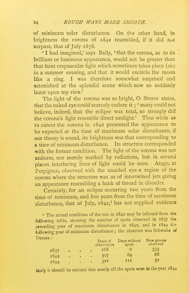 of mmimum solar disturbance. On the other hand, in brightness the corona of 1842 resembled, if it did nut surpass, that of July 1878. ' I had imagined,' says Baily, ' that the corona, as to its brilliant or luminous appearance, would not be greater than that faint crepuscular light which sometimes takes place {sic) in a summer evening, and that it would encircle the moon like a ring. I was therefore somewhat surprised and astonished at the splendid scene which now. so suddenly burst upon my view.' The Hght of the corona was so bright, O. Struve states, that the naked eye could scarcely endure it; * many could not believe, indeed, that the eclipse was total, so strongly did the corona's light resemble direct sunlight' Thus while as to extent the corona in 1842 presented the appearance to be expected at the time of maximum solar disturbance, if our theory is sound, its brightness was that coiresponding to a time of minimum disturbance. Its structure corresponded with the former condition. The light of the corona was not uniform, nor merely marked by radiations, but in several places interlacing lines of light could be seen. Arago, at Perpignan, observed with the unaided eye a region of the corona where the structure was as of intertwined jets giving an appearance resembling a hank of thread in disorder. Certainly, for an eclipse occurring two years from the time of minimum, and five years from the time of maximum disturbance, that of July, 1842,1 has not supplied evidence » The actual condition of the sun in 1842 may be inferred from the following table, showing the number of spots observed in 1837 the preceding year of maximum disturbance in 1842, and in 1844 the following year of minimum disturbance ; the observer was Schwabe of Dessau : Days of Days wi'Jiout New groups observation spots observed 1837 1842 1844 OiJly it should be noticed that nearly all the spots seen in the year 1844