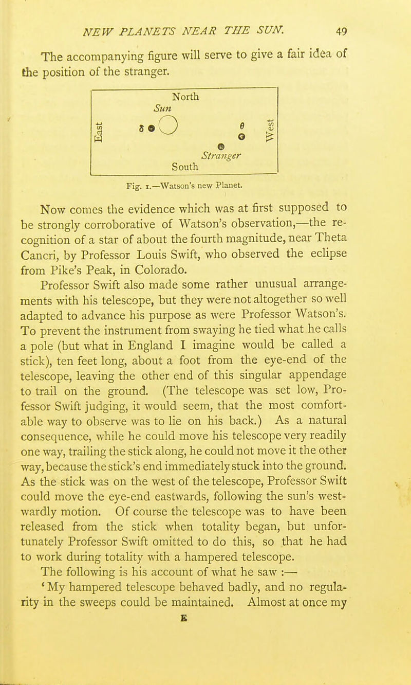 The accompanying figure will serve to give a fair idea of the position of the stranger. North Sun East '•O % Stranger South West Fig. I.—Watson's new Planet. Now comes the evidence which was at first supposed to be strongly corroborative of Watson's observation,—the re- cognition of a star of about the fourth magnitude, near Theta Cancri, by Professor Louis Swift, who observed the eclipse from Pike's Peak, in Colorado. Professor Swift also made some rather unusual arrange- ments with his telescope, but they were not altogether so well adapted to advance his purpose as were Professor Watson's. To prevent the instrument from swaying he tied what he calls a pole (but what in England I imagine would be called a stick), ten feet long, about a foot from the eye-end of the telescope, leaving the other end of this singular appendage to trail on the ground. (The telescope was set low, Pro- fessor Swift judging, it would seem, that the most comfort- able way to observe was to lie on his back.) As a natural consequence, while he could move his telescope very readily one way, trailing the stick along, he could not move it the other way, because the stick's end immediately stuck into the ground. As the stick was on the west of the telescope, Professor Swift could move the eye-end eastwards, following the sun's west- wardly motion. Of course the telescope was to have been released from the stick when totality began, but unfor- tunately Professor Swift omitted to do this, so that he had to work during totality with a hampered telescope. The following is his account of what he saw :— ' My hampered telescope behaved badly, and no regula- rity in the sweeps could be maintained. Almost at once my E