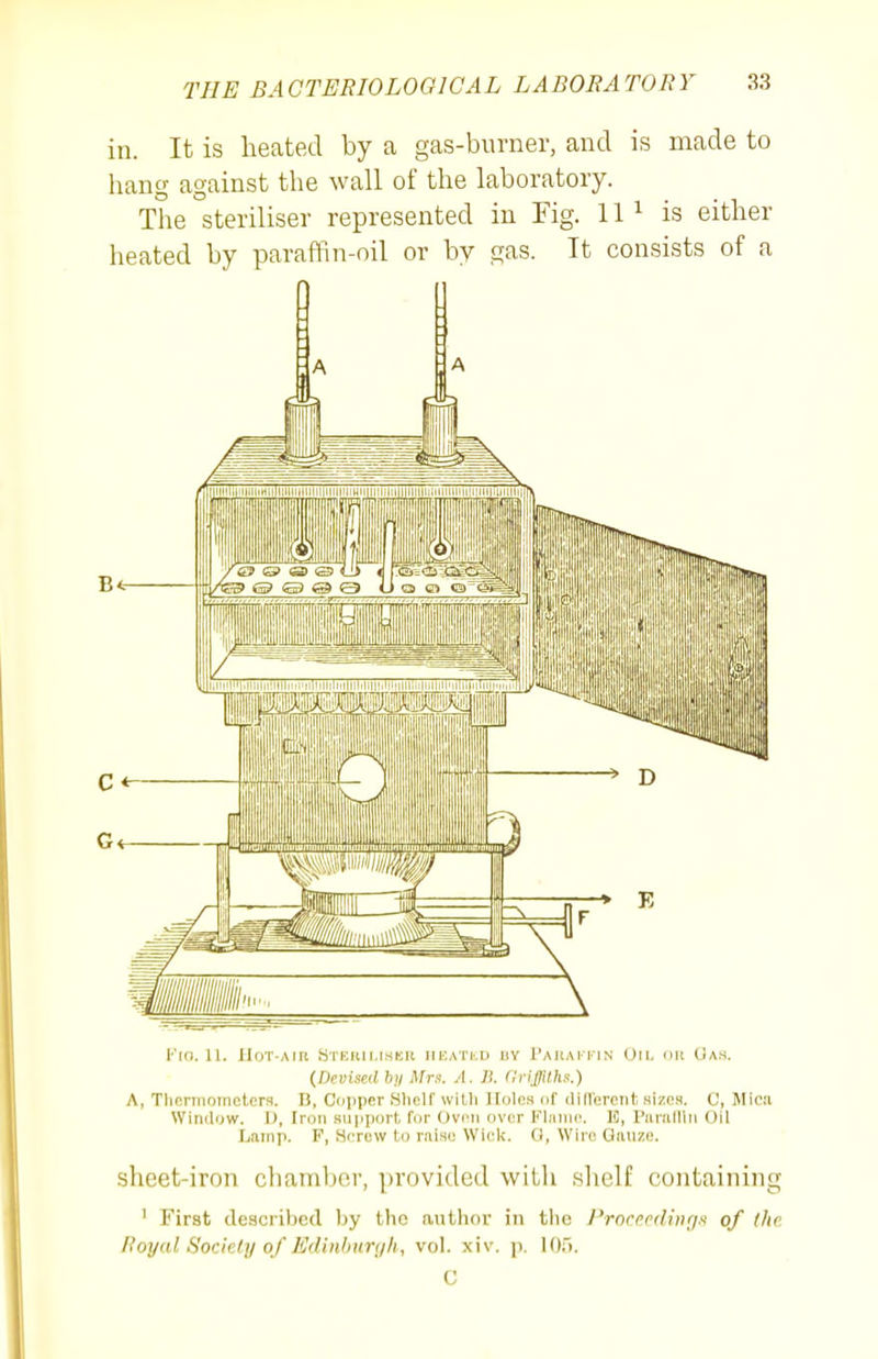 in. It is heated by a gas-burner, and is made to liang against the wall of the laboratory. The steriliser represented in Fig. 11 Ms either heated by paraffin-oil or by gas. It consists of a Fin. 11. Hot-air «TKiai.isKii iikatkd uy 1'ahai i-in On, on 0am. {Devised hi/ Mn. A. R Griffiths.) A, Tlinniioineters. I!, Cii])per Hliclf willi Holes of diflereiit Hizes. C, Mica Wiiulow. I), Iron .siipiiiirt for Oven ovc^r Kl.iinc. IC, Piinilliii Oil Ijainp. F, HiTcw lo raiso Wii'U. 0, Wii'n Uiuizi,'. sheet-iron clianiber, provided with shelf containing ' First described by the author in the Proccrdiiig)i of (he Royal Society of Edinbiiri/h, vol. xiv. ]). 1(15. C