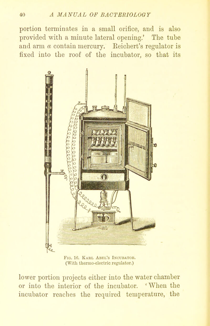 portion terminates in a small orifice, and is also provided with a minute lateral opening.' The tube and arm a contain mercury. Eeichert's regulator is fixed into the roof of the incubator, so that its Fio. 16. Karl Abel's Incubatob. (With tlienno-electric regulator.) lower portion projects either into the water chamber or into the interior of the incubator. 'When the incubator reaches the required temperature, the