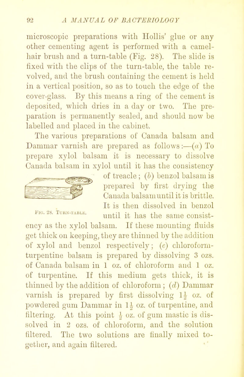 microscopic preparations with Hollis' glue or any other cementing agent is performed with a camel- hair brush and a turn-table (Fig. 28). The slide is fixed with the clips of the turn-table, the table re- volved, and the brush containing the cement is held in a vertical position, so as to touch the edge of the cover-glass. By this means a ring of tlie cement is deposited, which dries in a day or two. The pre- paration is permanently sealed, and should now be labelled and placed in the cabinet. The various preparations of Canada balsam and Dammar varnish are prepared as follows:—(«) To prepare xylol balsam it is necessary to dissolve Canada balsam in xylol until it has the consistency of treacle ; (&) benzol balsam is prepared by first drying the Canada balsam until it is brittle. It is then dissolved in benzol until it has the same consist- ency as the xylol balsam. If these mounting fluids get thick on keeping, they are thinned by the addition of xylol and benzol respectively; (c) chloroform- turpentine balsam is prepared by dissolving 3 ozs. of Canada balsam in 1 oz. of chloroform and 1 oz. of turpentine. If this medium gets thick, it is thinned by the addition of chloroform ; {d) Dammar varnish is prepared by first dissolving \\ oz. of powdered gum Dammar in oz. of turpentine, and filtering. At this point h oz. of gum mastic is dis- solved in 2 ozs. of chloroform, and the solution filtered. The two solutions are finally mixed to- gether, and again filtered.