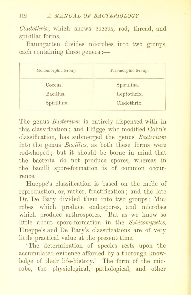 Gladothrix, which shows coccus, rod, thread, and spirillar forms. Baumgarteu divides microbes into two groups, each containing three genera:— MonomoriJhic Group. Pleomorphic Group. Coccus. Bacillus. Spirillum. Spirulina. Leptothrix. Gladothrix. Tlie genus Bacterium is entirely dispensed with in this classification; and Fliigge, who modified Cohn's classification, has submerged the genus Bacterium into the genus Bacillus, as both these forms were rod-shaped ; but it should be borne in mind that the bacteria do not produce spores, whereas in the bacilli spore-formation is of common occur- rence. Hueppe's classification is based on the mo'de of reproduction, or, rather, fructification; and the late Dr. De Bary divided them into two groups : Mic- robes which produce endospores, and microbes which produce arthrospores. But as we know so little about spore-formation in the Schizomycetcs, Hueppe's and De Bary's classifications are of very little practical value at the present time. ' The determination of species rests upon the accumulated evidence afforded by a thorough know- ledge of their life-history.' The form of the mic- robe, the physiological, pathological, and other