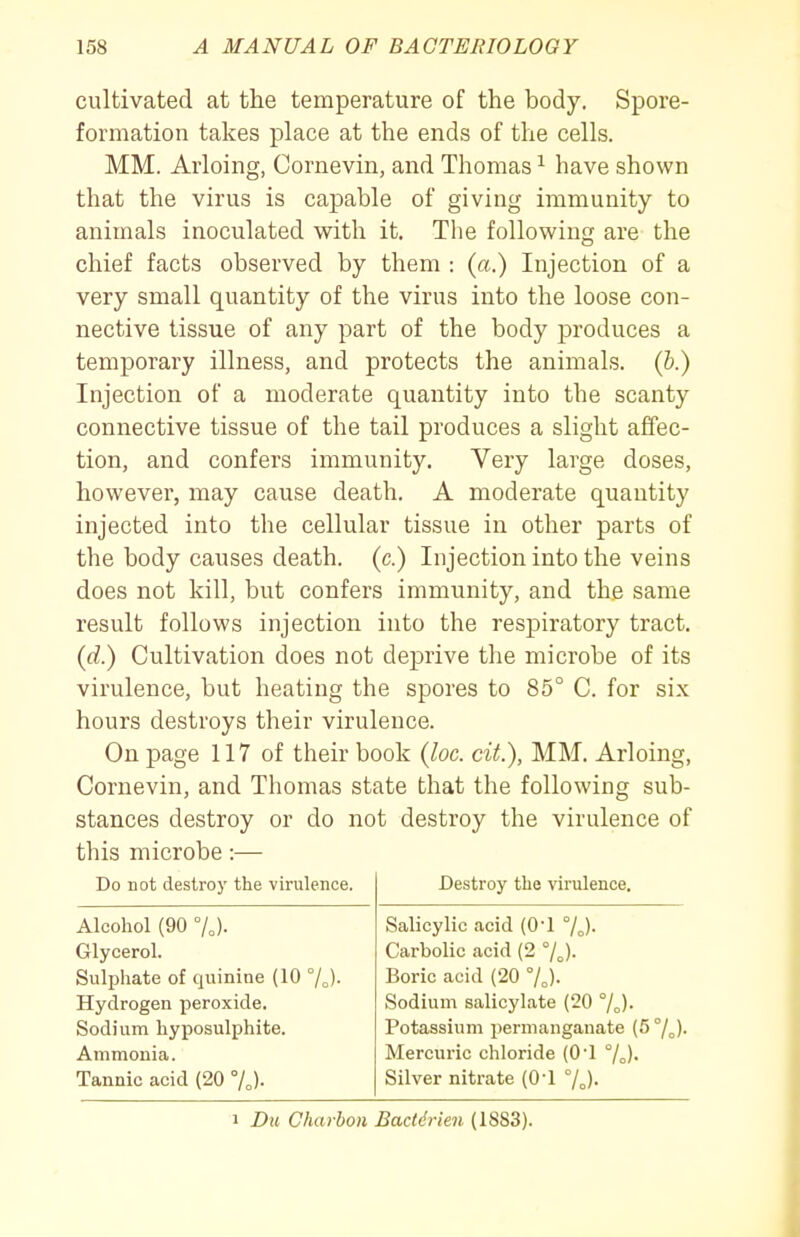 cultivated at the temperature of the body. Spore- formation takes place at the ends of the cells. MM. Arloing, Cornevin, and Thomas ^ have shown that the virus is capable of giving immunity to animals inoculated with it. The following are the chief facts observed by them ; (a.) Injection of a very small quantity of the virus into the loose con- nective tissue of any part of the body produces a temporary illness, and protects the animals, (h.) Injection of a moderate quantity into the scanty connective tissue of the tail produces a slight affec- tion, and confers immunity. Very large doses, however, may cause death. A moderate quantity injected into the cellular tissue in other parts of the body causes death, (c.) Injection into the veins does not kill, but confers immunity, and the same result follows injection into the respiratory tract. (d.) Cultivation does not deprive the microbe of its virulence, but heating the spores to 85° C. for six hours destroys their virulence. On page 117 of their book (loc. cit.), MM. Arloing, Cornevin, and Thomas state that the following sub- stances destroy or do not destroy the virulence of this microbe:— Do not destroy the virulence. Destroy the virulence. Alcohol (90 7J. Glycerol. Sulphate of quinine (10 Hydrogen peroxide. Sodium hyposulphite. Ammonia. Tannic acid (20 %). Salicylic acid (O'l %). Carbolic acid (2 %). Boric acid (20 7J. Sodium salicylate (20 %). Potassium permanganate (5 j^). Mercuric chloride (O'l 7o)- Silver nitrate (O'l 7J. 1 Du Charhon Bactdrien (1SS3).