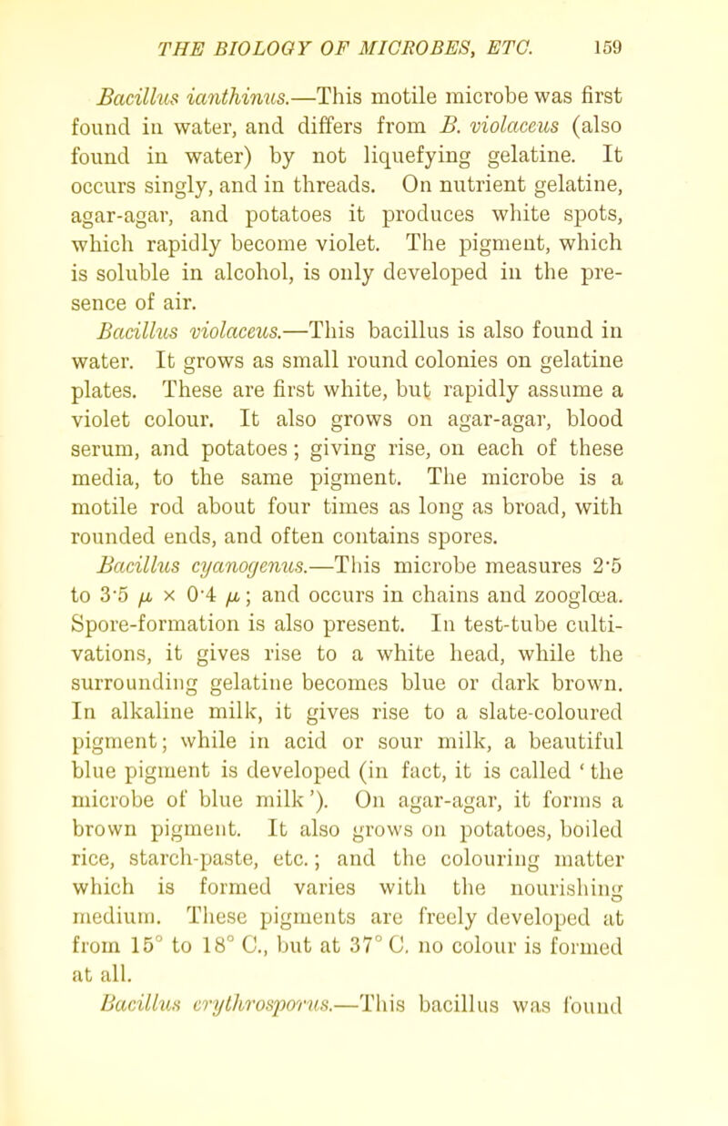 Bacillus ianthimis.—This motile microbe was first found iu water, and differs from B. violaceus (also found in water) by not liquefying gelatine. It occurs singly, and in threads. On nutrient gelatine, agar-agar, and potatoes it produces white spots, which rapidly become violet. The pigment, which is soluble in alcohol, is only developed in the pre- sence of air. Bacillus violaceus.—This bacillus is also found in water. It grows as small round colonies on gelatine plates. These are first white, but rapidly assume a violet colour. It also grows on agar-agar, blood serum, and potatoes; giving rise, on each of these media, to the same pigment. The microbe is a motile rod about four times as long as broad, with rounded ends, and often contains spores. Bacillus cyanogenus.—This microbe measures 2'5 to 3'5 /A X 0'4 yu,; and occurs in chains and zoogloia. Spore-formation is also present. In test-tube culti- vations, it gives rise to a white head, while the surrounding gelatine becomes blue or dark brown. In alkaline milk, it gives rise to a slate-coloured pigment; while in acid or sour milk, a beautiful blue pigment is developed (in fact, it is called ' the microbe of blue milk'). On agar-agar, it forms a brown pigment. It also grows on potatoes, boiled rice, starch-paste, etc.; and the colouring matter which is formed varies with tlie nourishiu- medium. These pigments are freely developed at from 15 to 18° C, but at 37° C. no colour is formed at all. Bacillus crythrospoTtLS.—This bacillus was fouud
