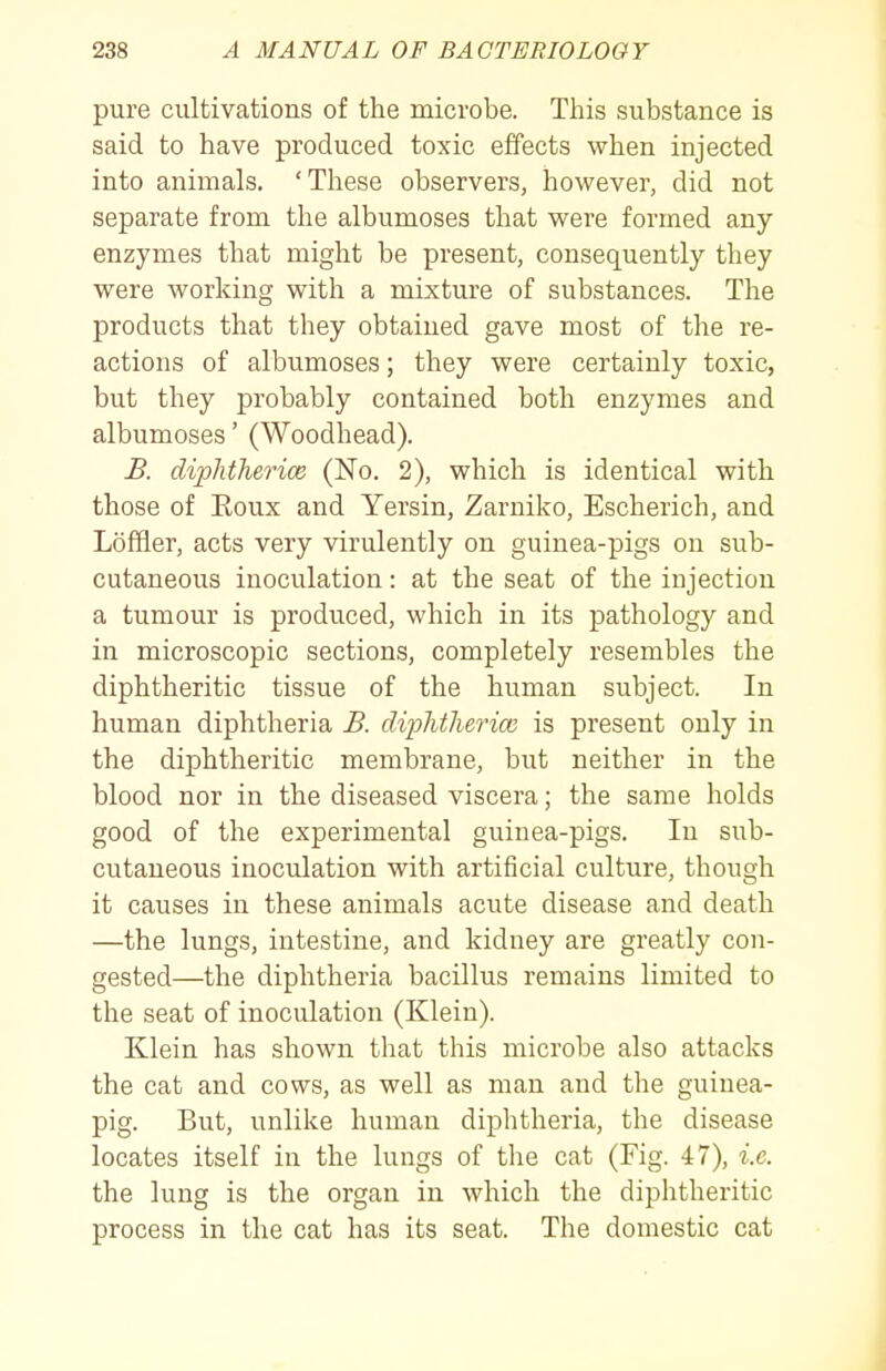 pure cultivations of the microbe. This substance is said to have produced toxic effects when injected into animals. 'These observers, however, did not separate from the albumoses that were formed any enzymes that might be present, consequently they were working with a mixture of substances. The products that they obtained gave most of the re- actions of albumoses; they were certainly toxic, but they probably contained both enzymes and albumoses' (Woodhead). B. dipMherice (No. 2), which is identical with those of Eoux and Yersin, Zarniko, Escherich, and Loffler, acts very virulently on guinea-pigs on sub- cutaneous inoculation: at the seat of the injection a tumour is produced, which in its pathology and in microscopic sections, completely resembles the diphtheritic tissue of the human subject. In human diphtheria B. diphtherice is present only in the diphtheritic membrane, but neither in the blood nor in the diseased viscera; the same holds good of the experimental guinea-pigs. In sub- cutaneous inoculation with artificial culture, though it causes in these animals acute disease and death —the lungs, intestine, and kidney are greatly con- gested—the diphtheria bacillus remains limited to the seat of inoculation (Klein). Klein has shown that this microbe also attacks the cat and cows, as well as man and the guinea- pig. But, unlike human diphtheria, the disease locates itself in the lungs of the cat (Fig. 47), i.e. the lung is the organ in which the diphtheritic process in the cat has its seat. The domestic cat