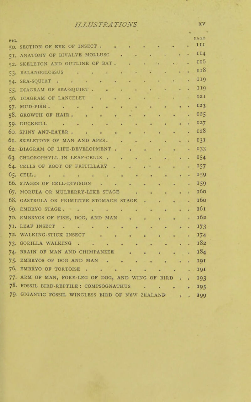fig. 50. SECTION OF EYE OF INSECT . 51. ANATOMY OF BIVAI-VE MOLLUSC 52. SKELETON AND OUTLINE OF BAT . 53. BALANOGLOSSUS 54. SEA-SQUIRT 55. DIAGRAM OF SEA-SQUIRT . 56. DIAGRAM OF LANCELET 57. MUD-FISH 58. GROWTH OF HAIR . 59. DUCKBILL .... 60. SPINY ANT-EATER . 61. SKELETONS OF MAN AND APES. 62. DIAGRAM OF LIFE-DEVELOPMENT . 63. CHLOROPHYLL IN LEAF-CELLS . 64. CELLS OF ROOT OF FRITILLARY . 65. CELL 66. STAGES OF CELL-DIVISION 159 67. MORULA OR MULBERRY-LIKE STAGE l6o 68. GASTRULA OR PRIMITIVE STOMACH STAGE . . . . 160 69. EMBRYO STAGE l6l 70. EMBRYOS OF FISH, DOG, AND MAN 162 71. LEAF INSECT 173 72. WALKING-STICK INSECT 174 73. GORILLA WALKING 182 74- BRAIN OF MAN AND CHIMPANZEE 184 75. EMBRYOS OF DOG AND MAN I9I 76. EMBRYO OF TORTOISE I9I 77. ARM OF MAN, FORE-LEG OF DOG, AND WING OF BIRD . . 193 78. FOSSIL BIRD-REPTILE : COMPSOGNATHUS .... I95 79. GIGANTIC FOSSIL WINGLESS BIRD OF NEW ZEALAND „ . 199 PAGE III 114 I l6 118 119 119 12 I 123 125 127 128 131 133 154 i57